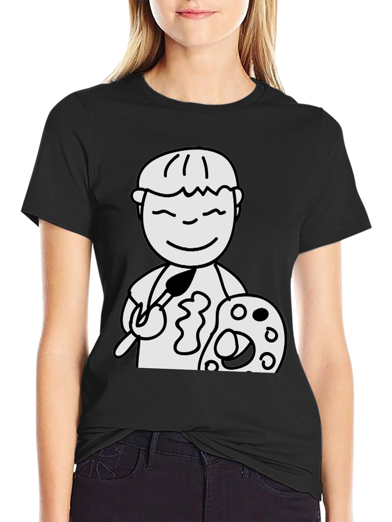 Cartoon Artist Graphic T-Shirt - Black Cotton Tee
