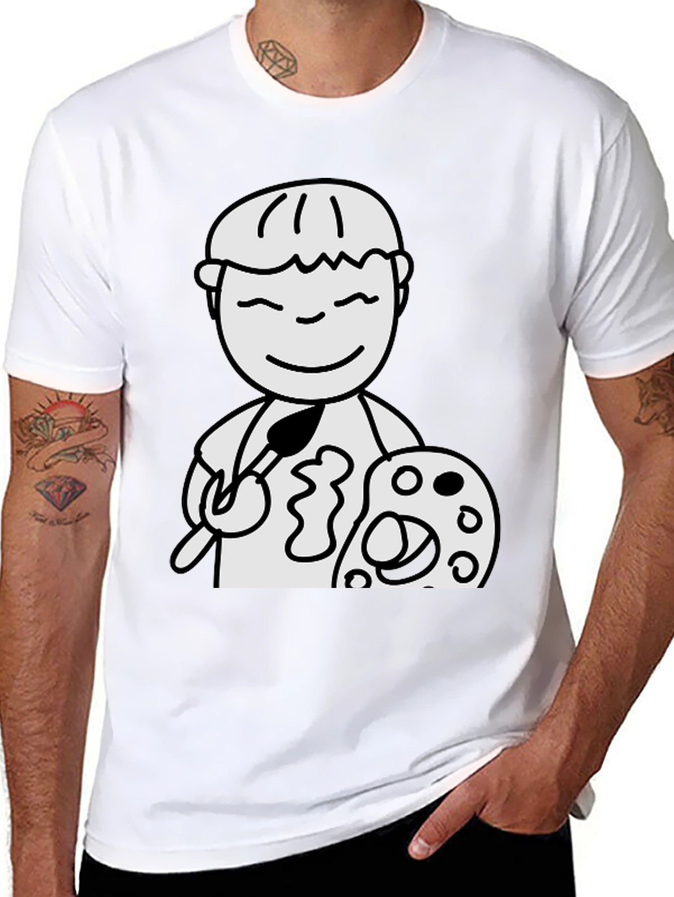 Cartoon Artist Graphic T-Shirt - Black Cotton Tee