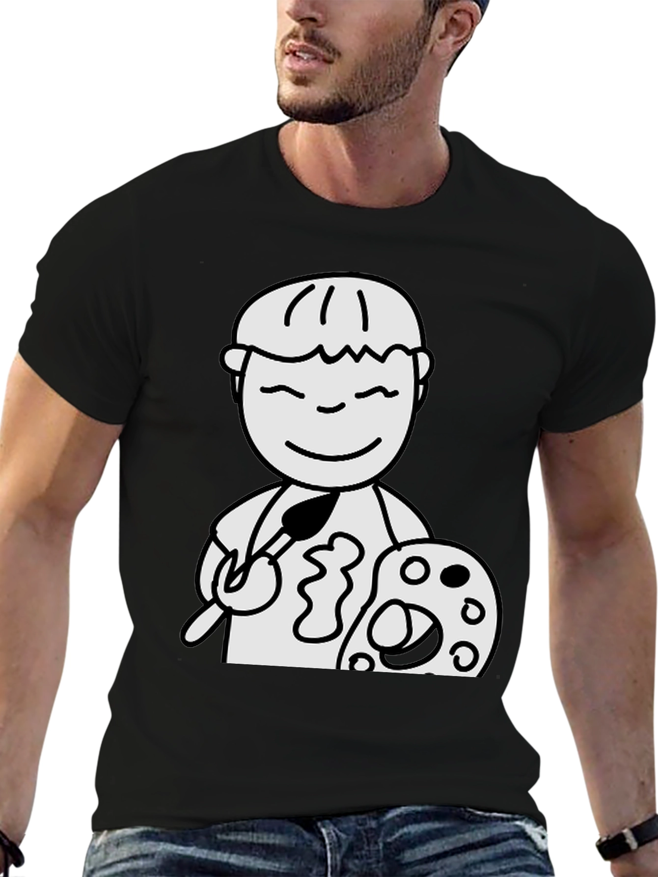 Cartoon Artist Graphic T-Shirt - Black Cotton Tee