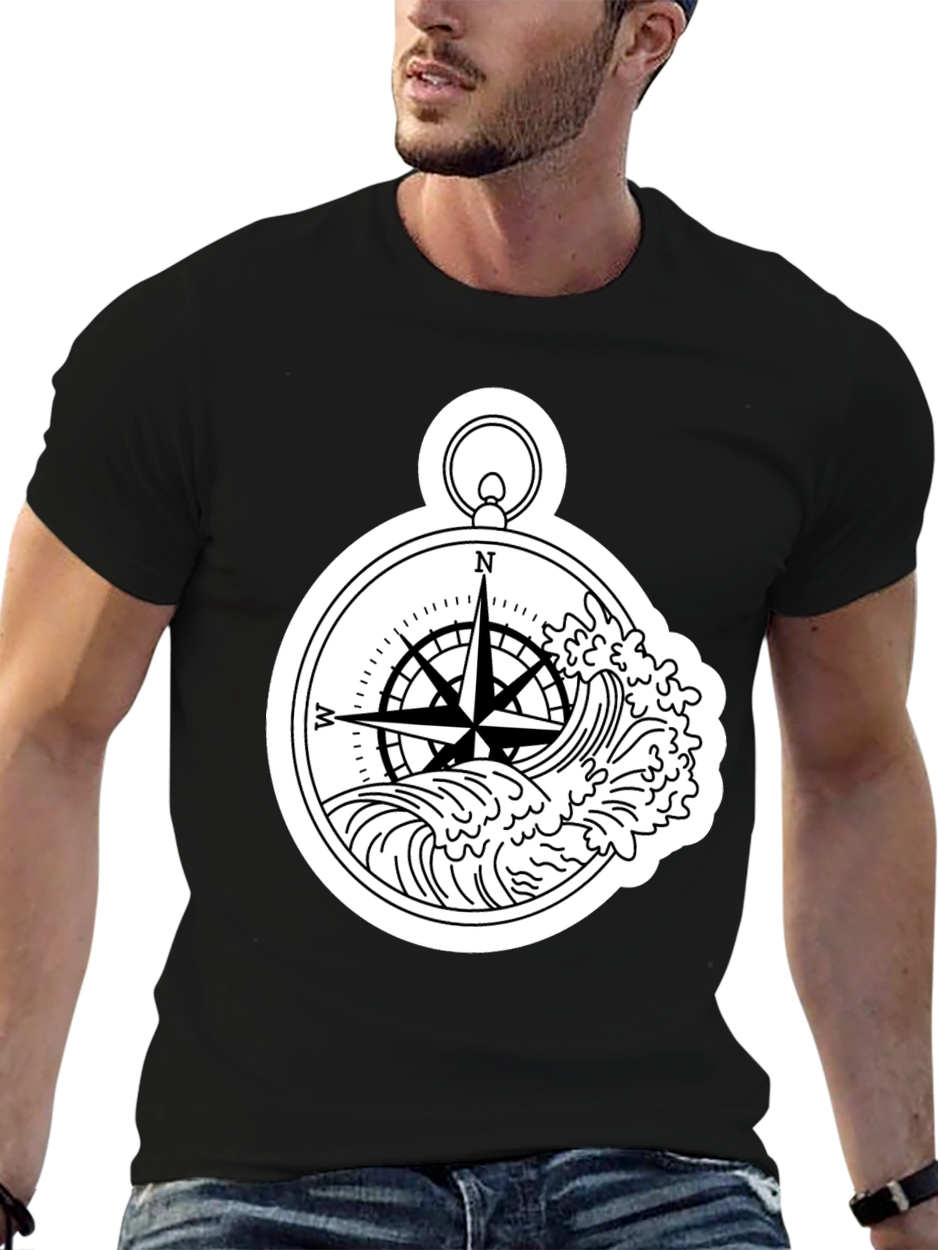 Nautical Compass Wave Graphic T-Shirt - Black
