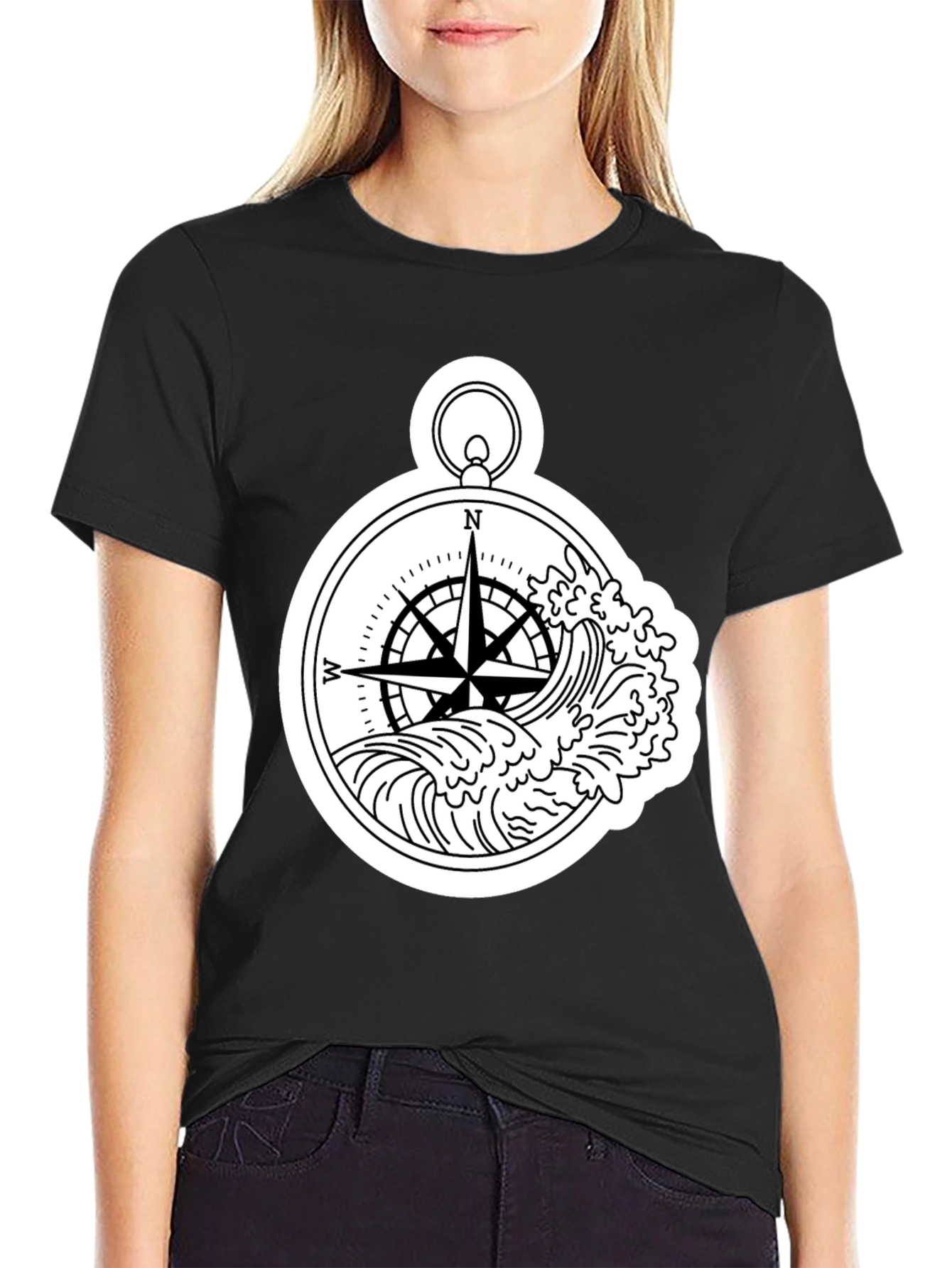 Nautical Compass Wave Graphic T-Shirt - Black