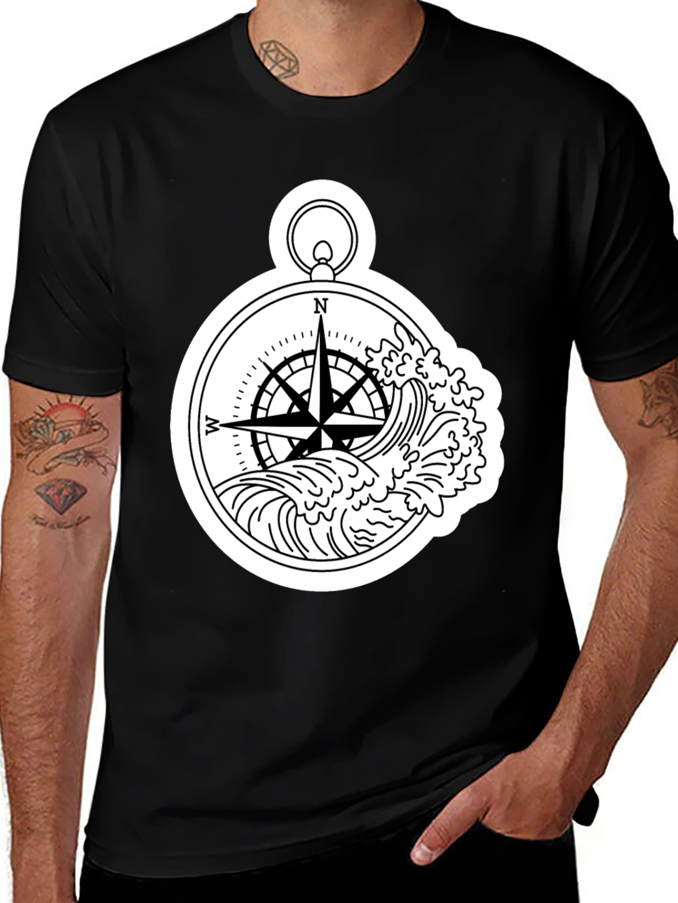 Nautical Compass Wave Graphic T-Shirt - Black