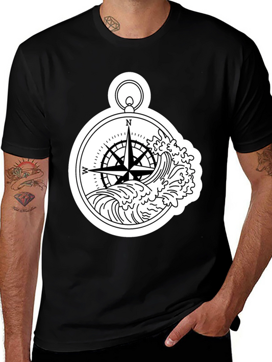 Nautical Compass Wave Graphic T-Shirt - Black