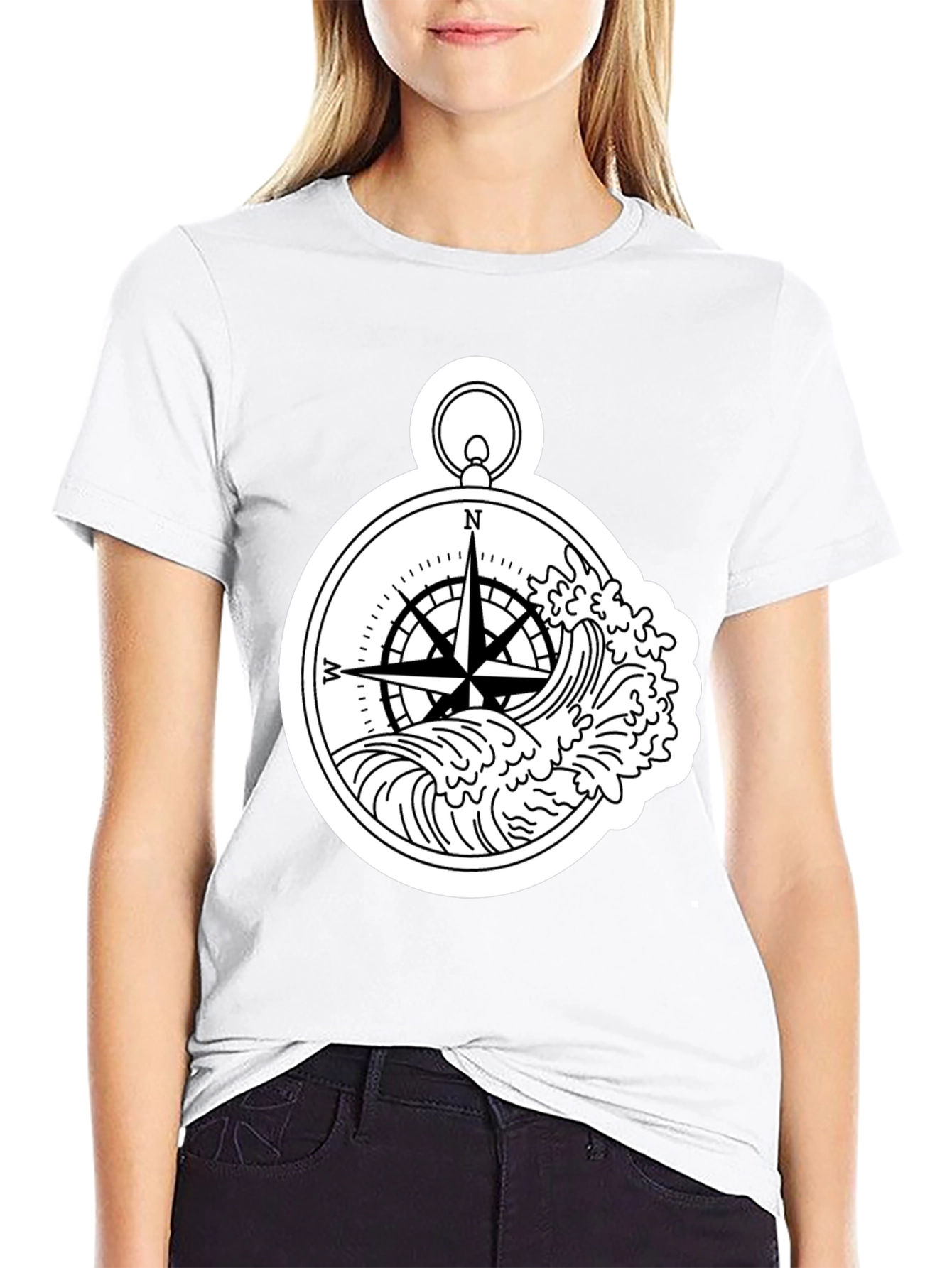Nautical Compass Wave Graphic T-Shirt - Black