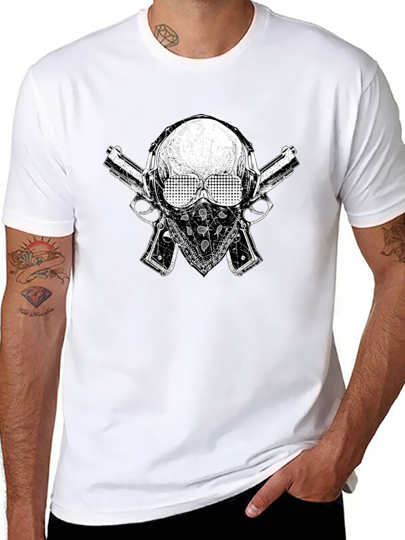 Skull Guns Bandana Black Graphic T-Shirt