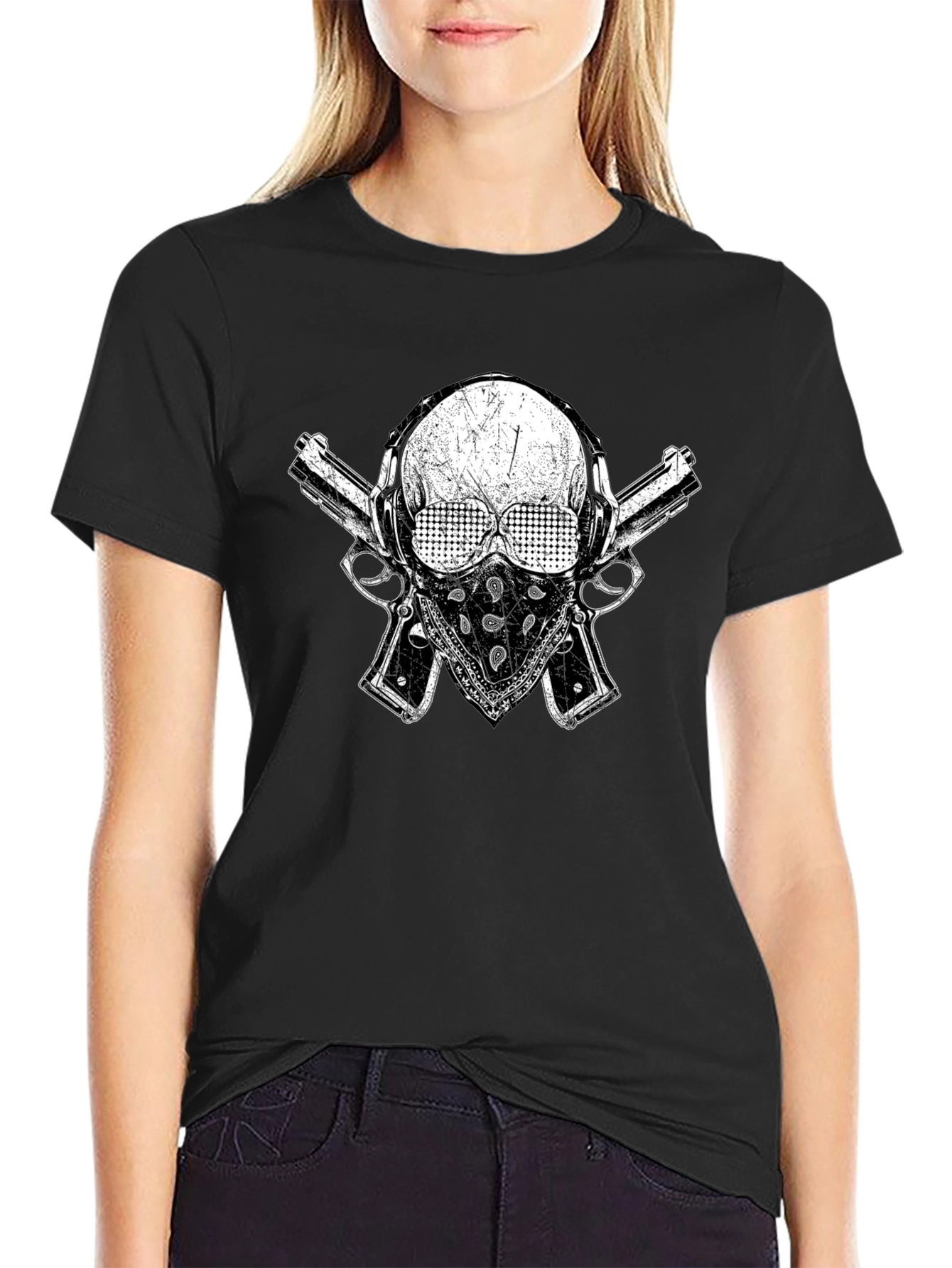 Skull Guns Bandana Black Graphic T-Shirt