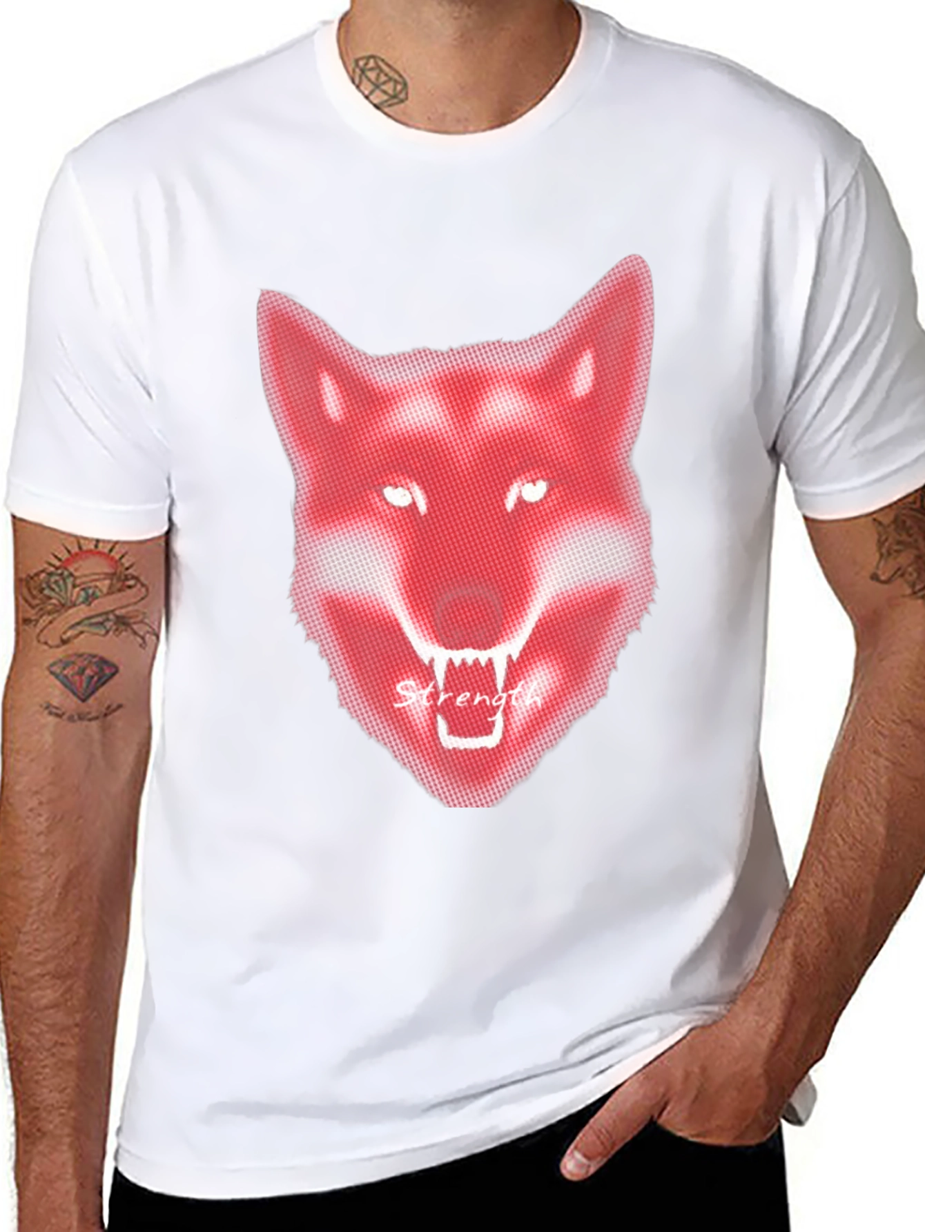 Mens Black T-Shirt - Red Wolf Graphic - Strength