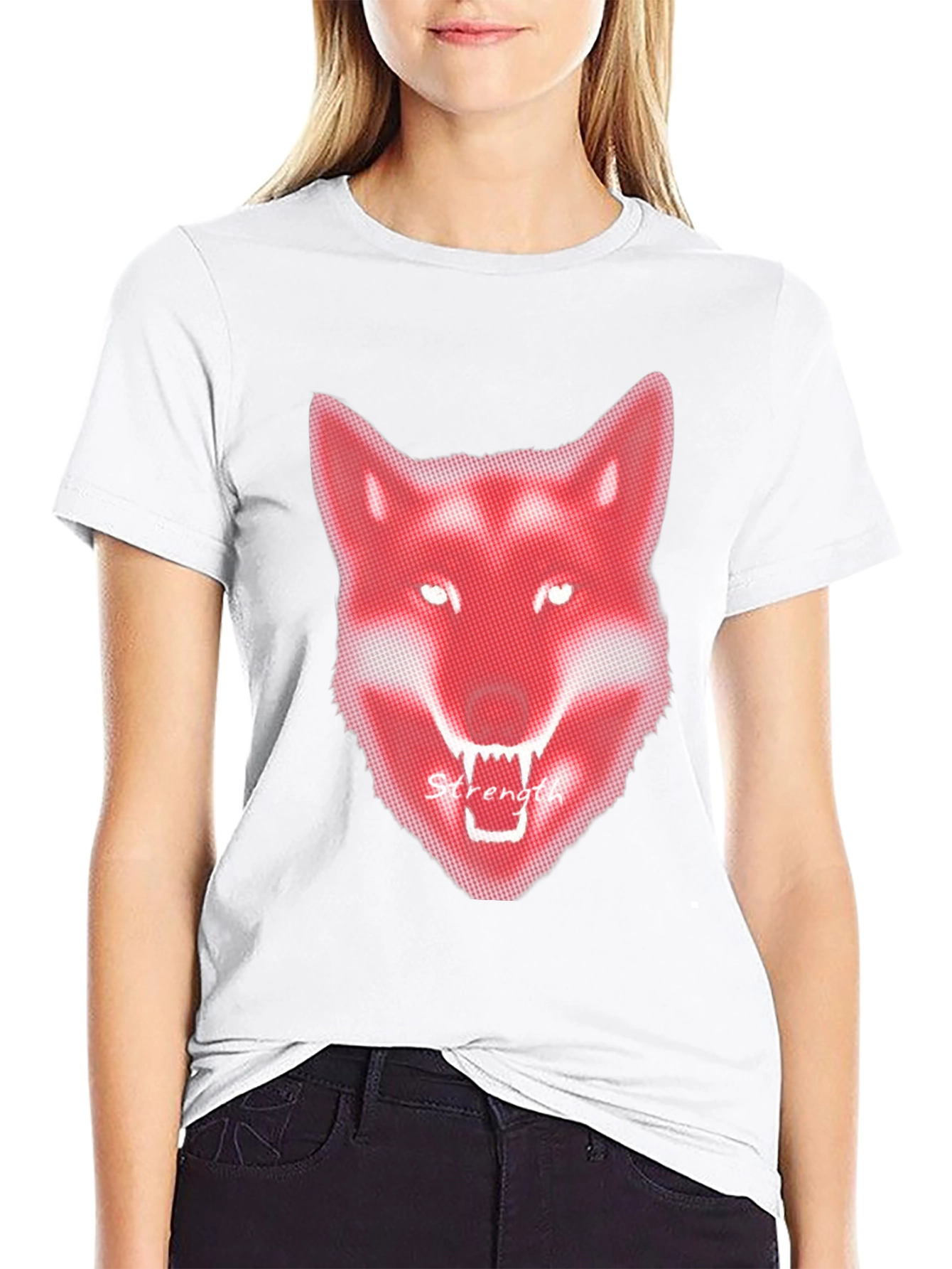 Mens Black T-Shirt - Red Wolf Graphic - Strength