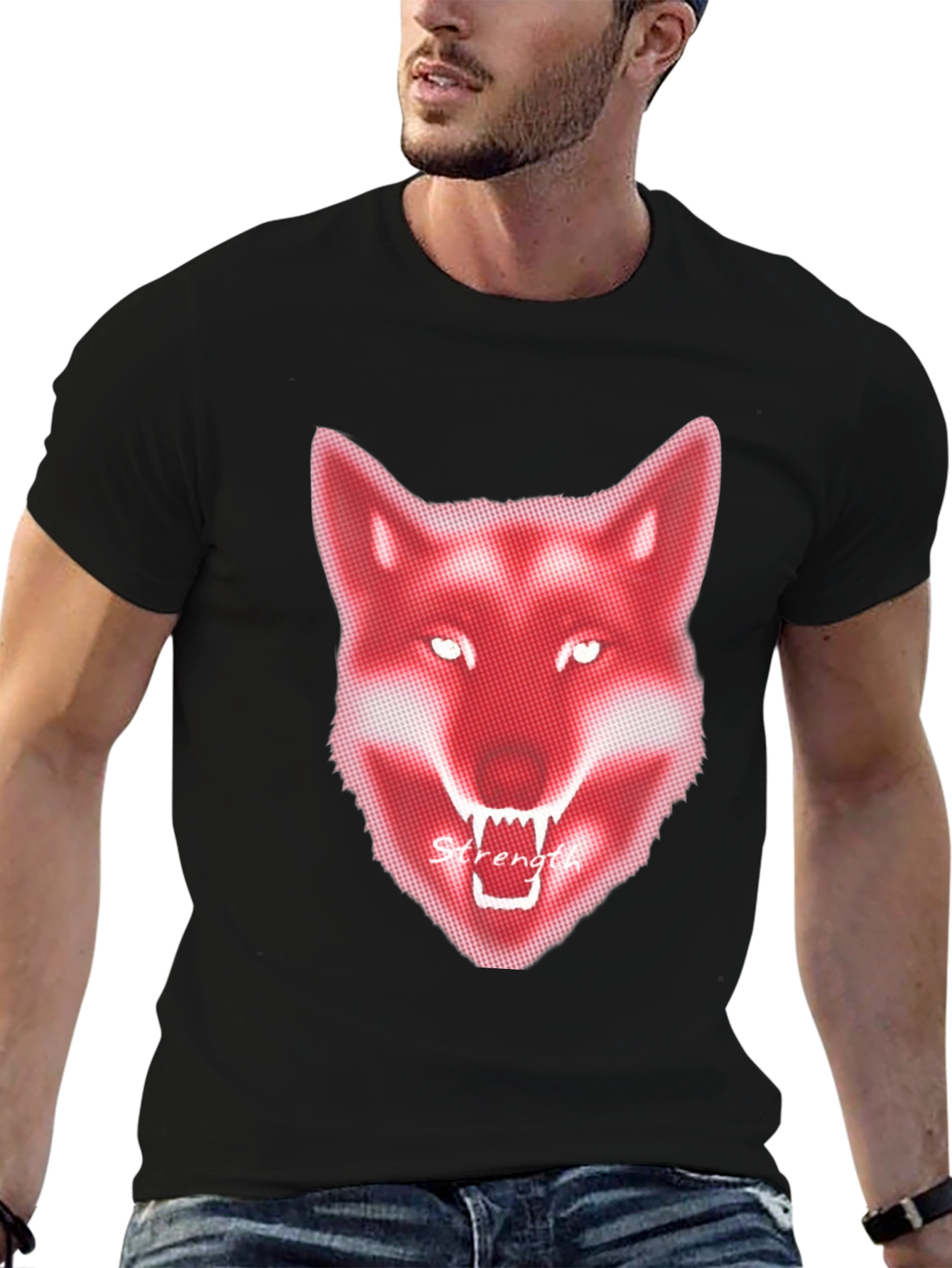 Mens Black T-Shirt - Red Wolf Graphic - Strength
