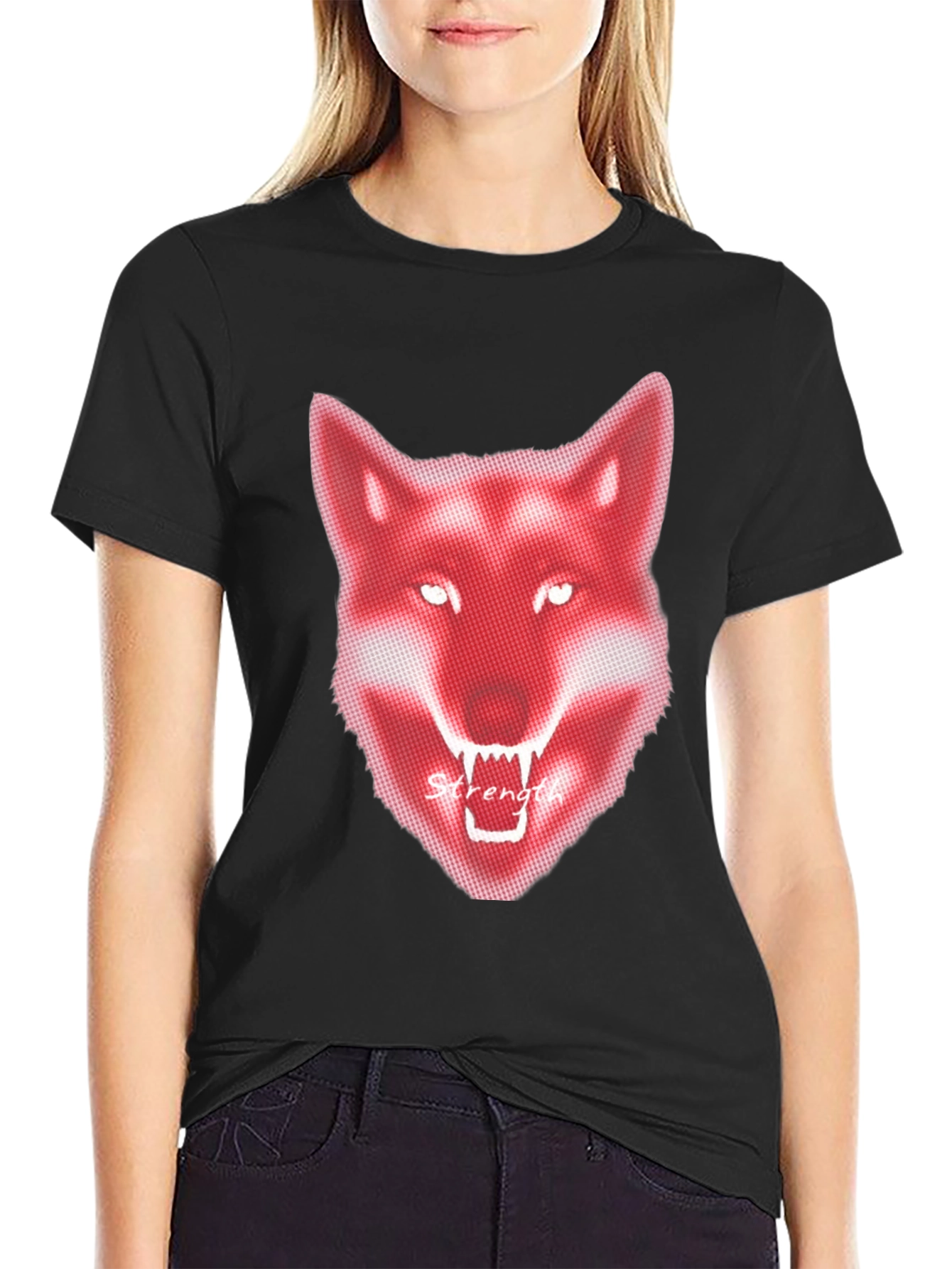 Mens Black T-Shirt - Red Wolf Graphic - Strength