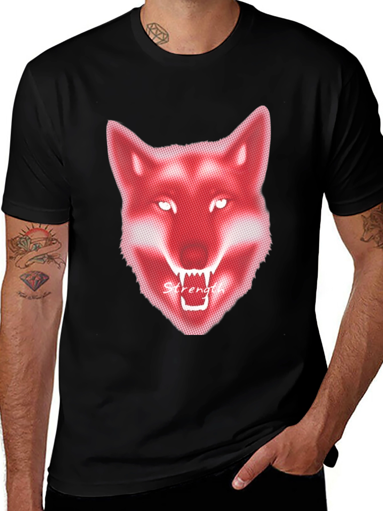 Mens Black T-Shirt - Red Wolf Graphic - Strength