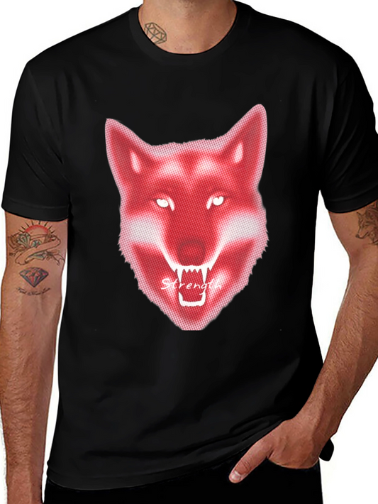 Mens Black T-Shirt - Red Wolf Graphic - Strength