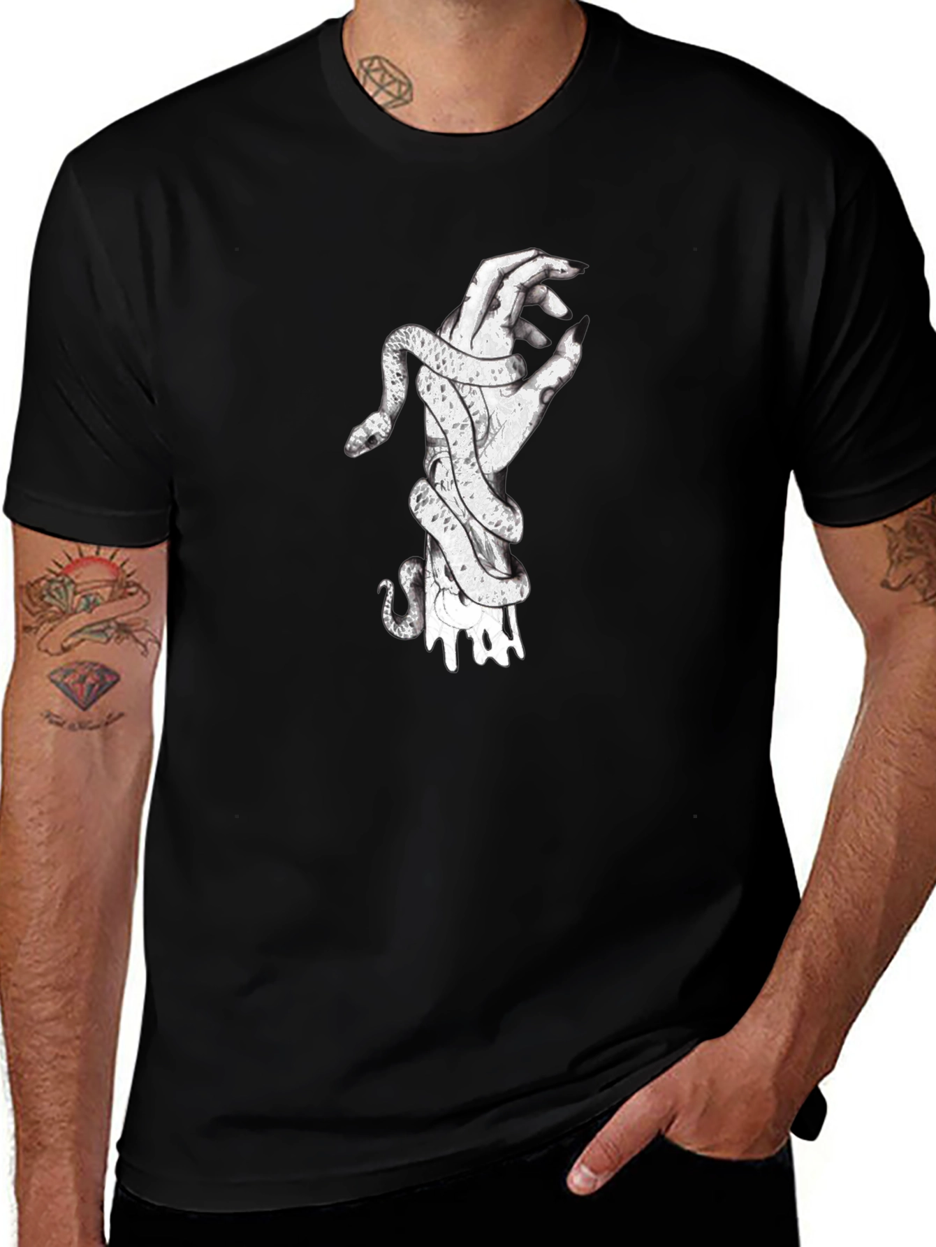 Snake Wrapped Around Hand Graphic Tee - Black