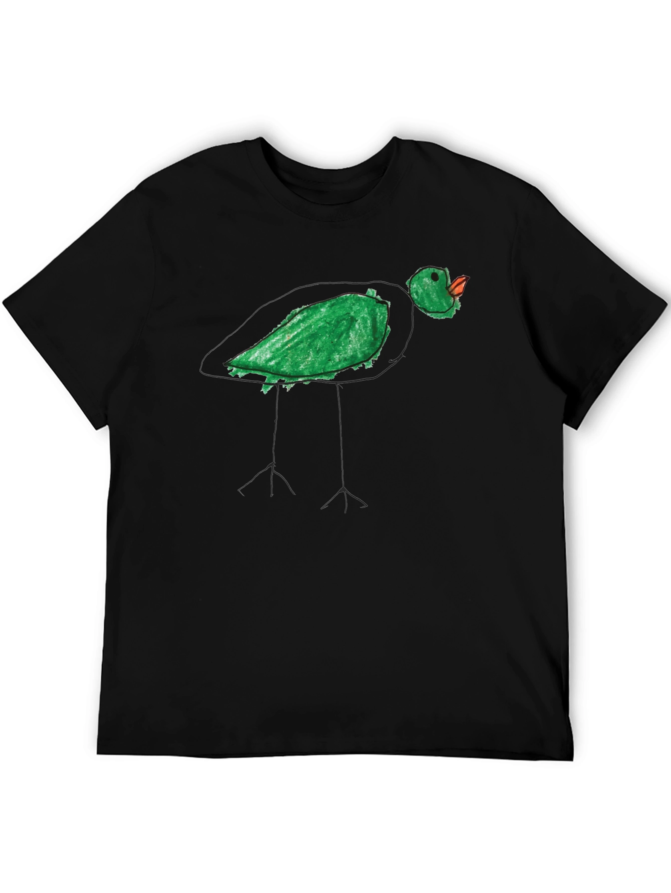 Whimsical Green Bird Tee - Unique Hand Drawn Style