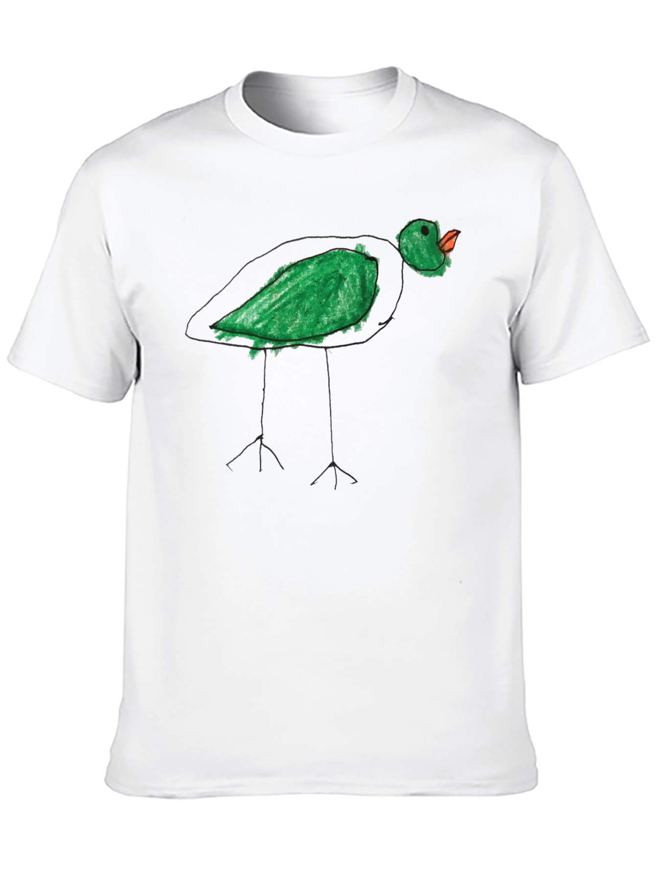 Whimsical Green Bird Tee - Unique Hand Drawn Style