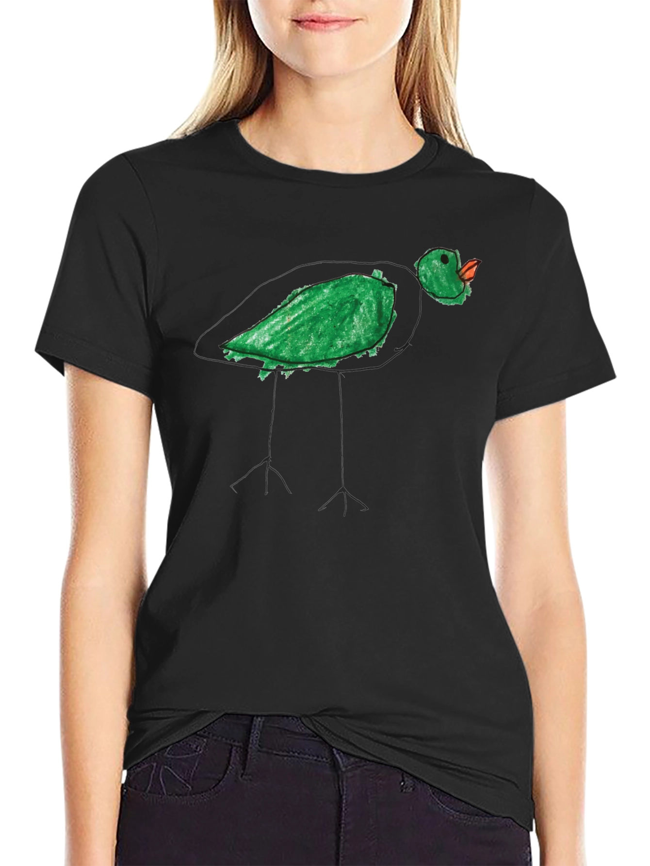 Whimsical Green Bird Tee - Unique Hand Drawn Style