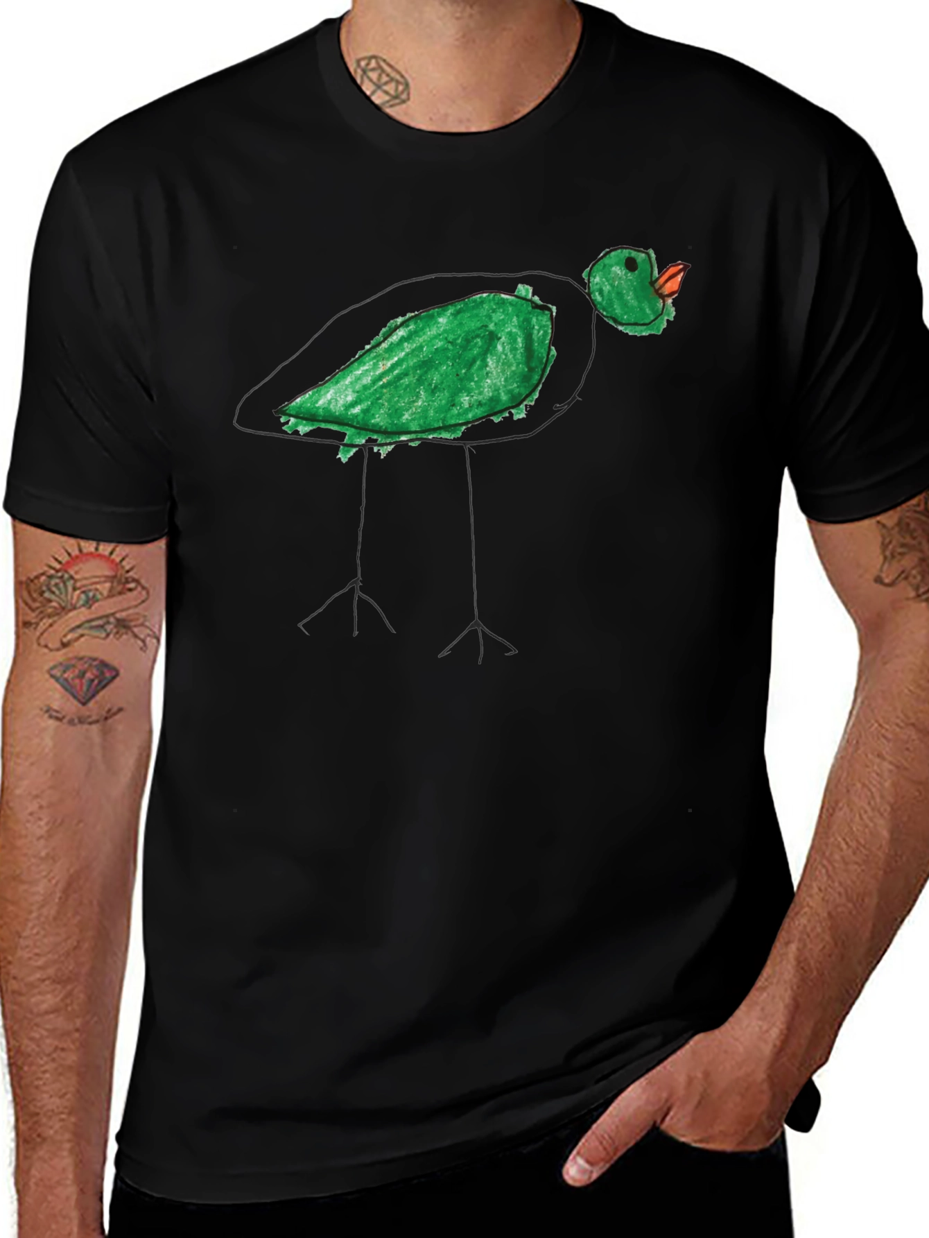 Whimsical Green Bird Tee - Unique Hand Drawn Style