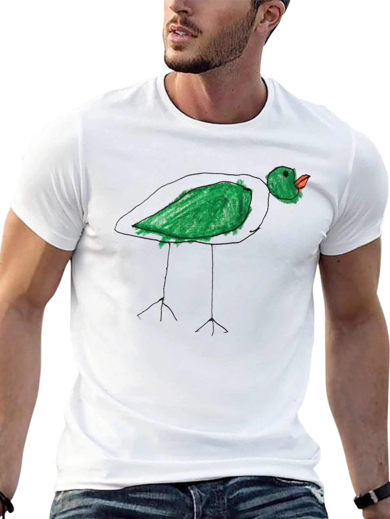 Whimsical Green Bird Tee - Unique Hand Drawn Style