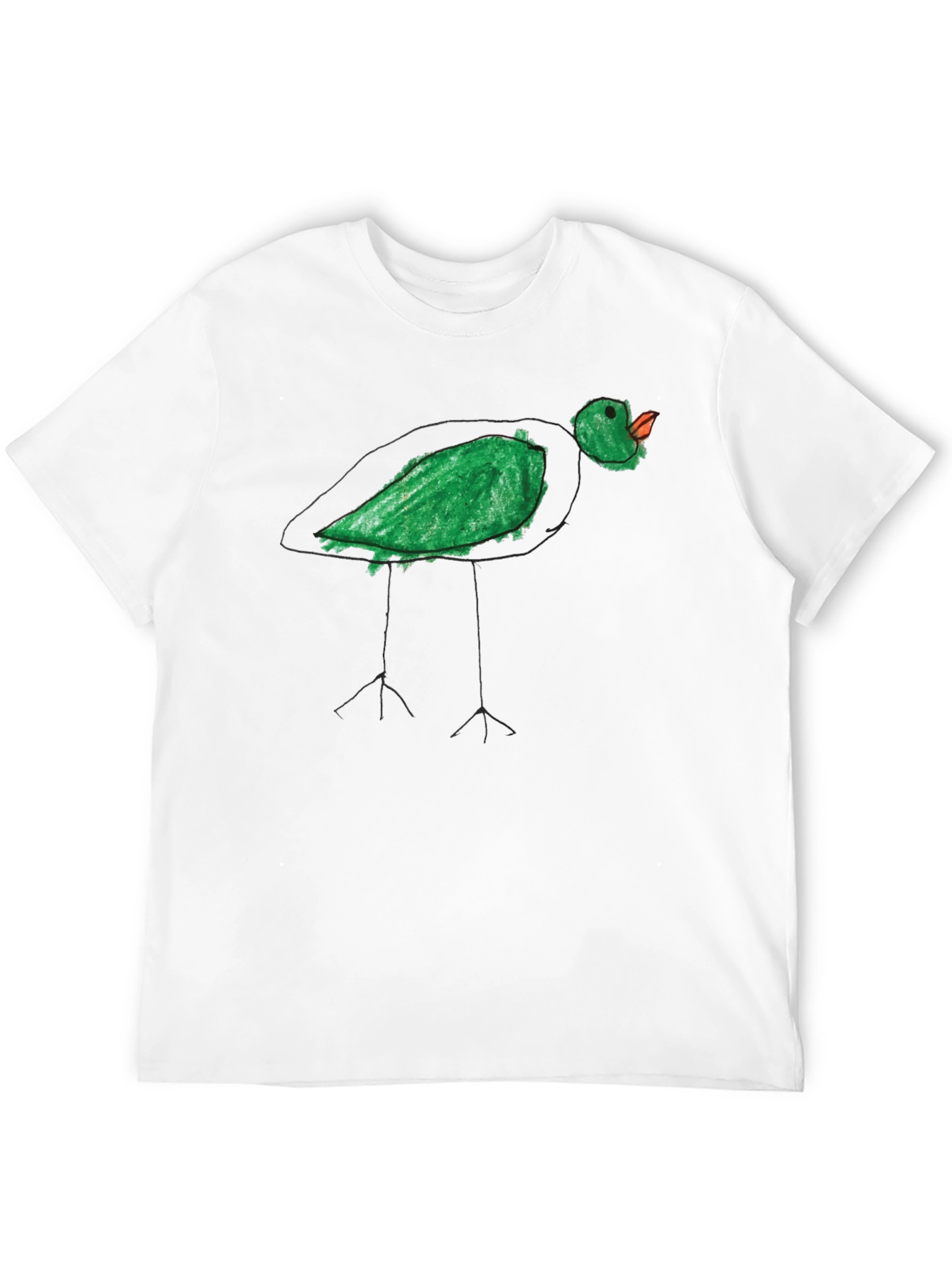 Whimsical Green Bird Tee - Unique Hand Drawn Style