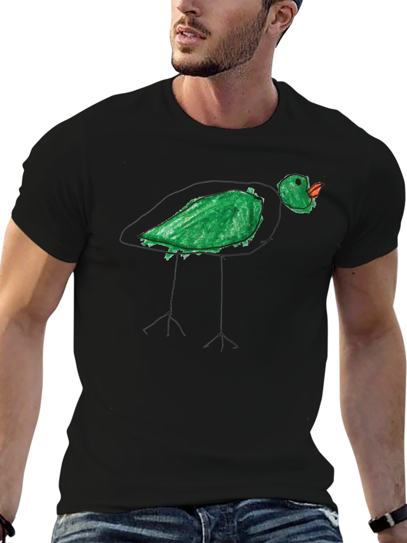 Whimsical Green Bird Tee - Unique Hand Drawn Style