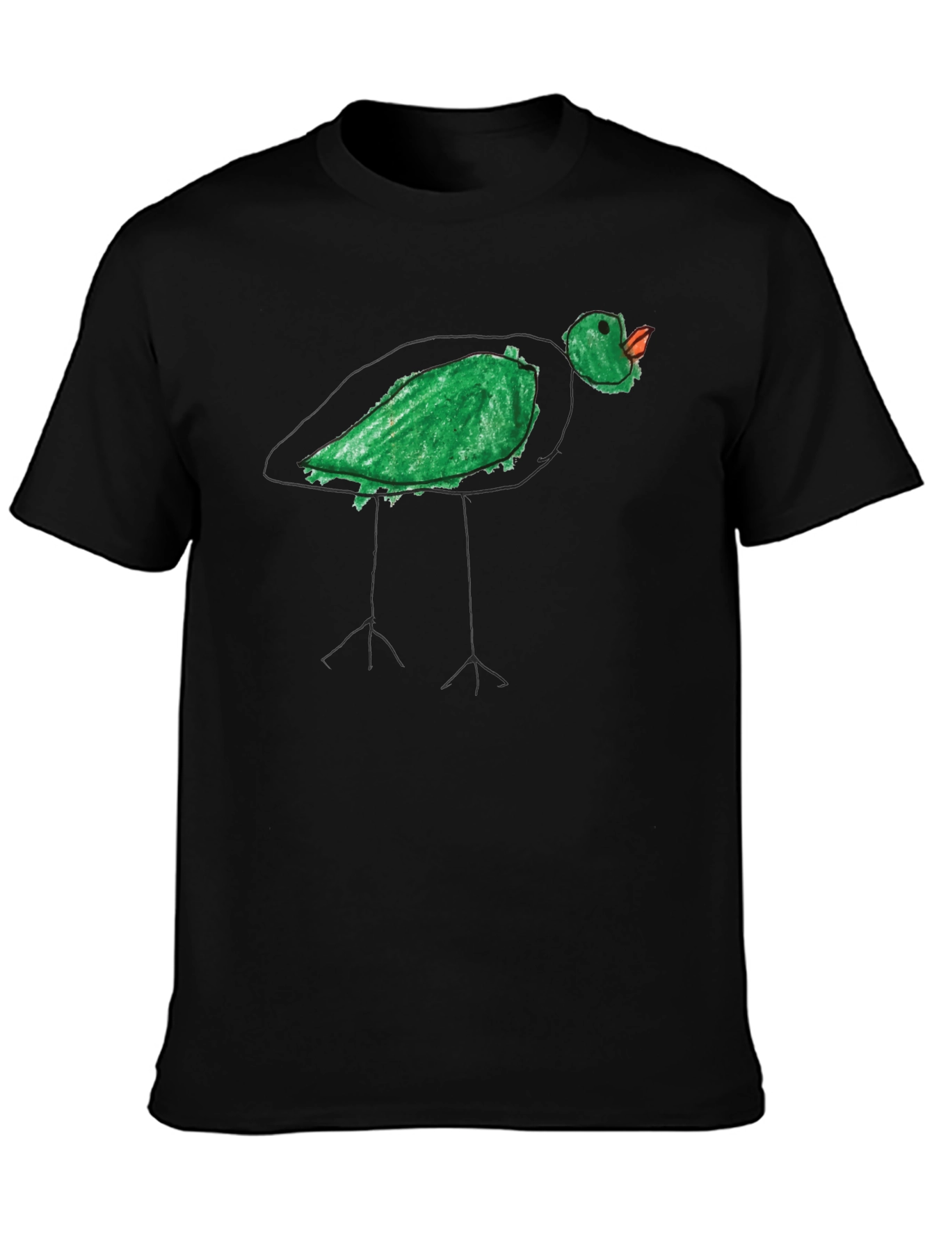 Whimsical Green Bird Tee - Unique Hand Drawn Style