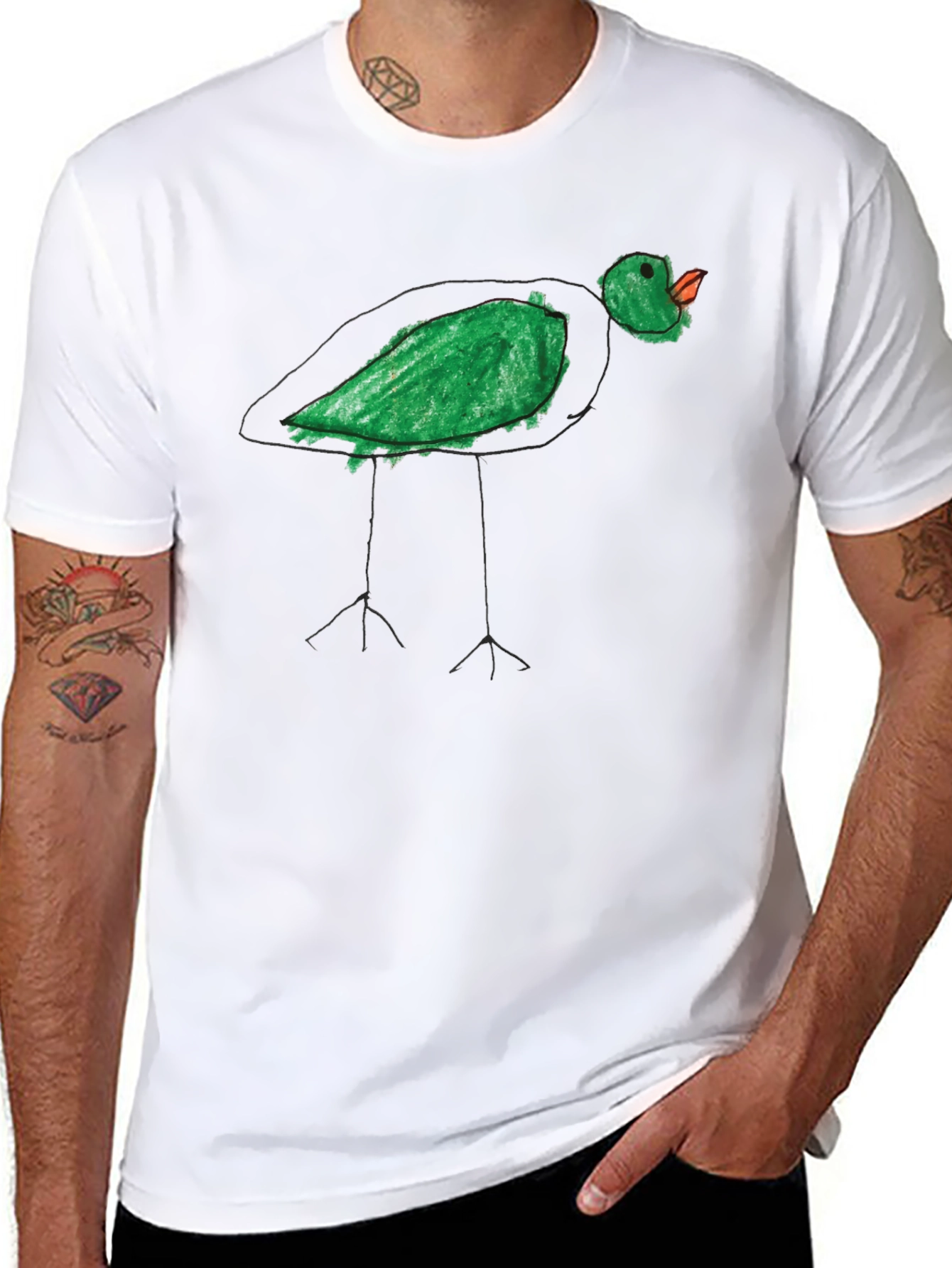 Whimsical Green Bird Tee - Unique Hand Drawn Style