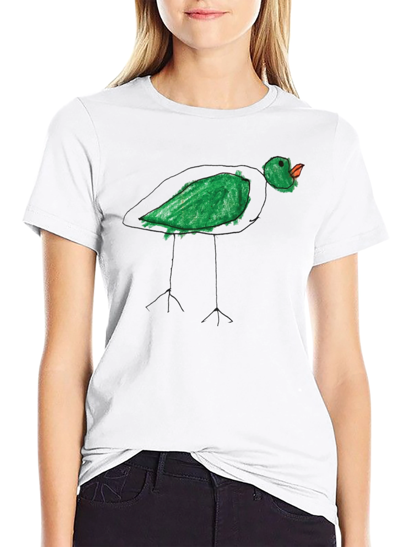 Whimsical Green Bird Tee - Unique Hand Drawn Style