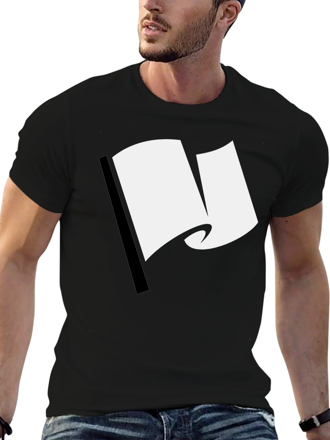 Black T-Shirt with White Flag Graphic Design