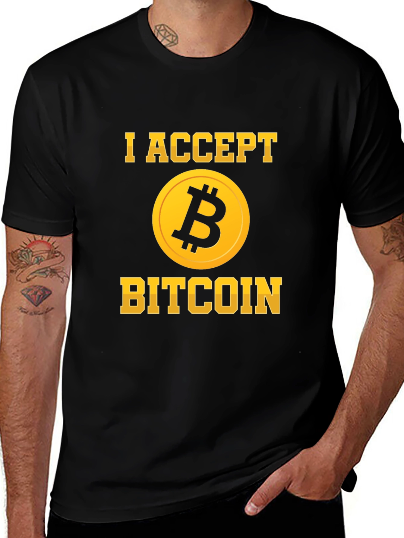 I Accept Bitcoin Black T-Shirt Crypto Currency Design