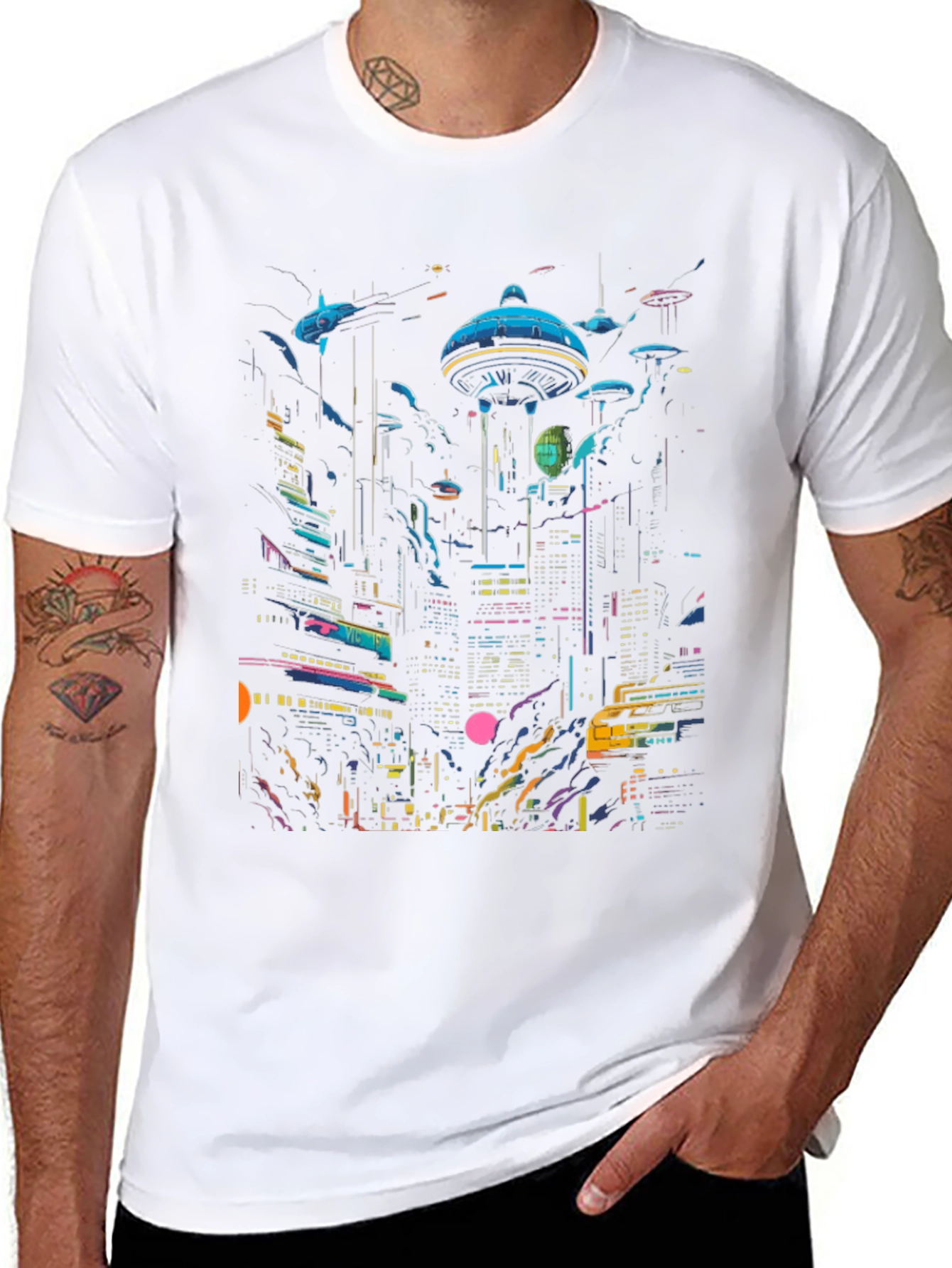 Neon Cityscape Graphic Tee - Retro Future Design