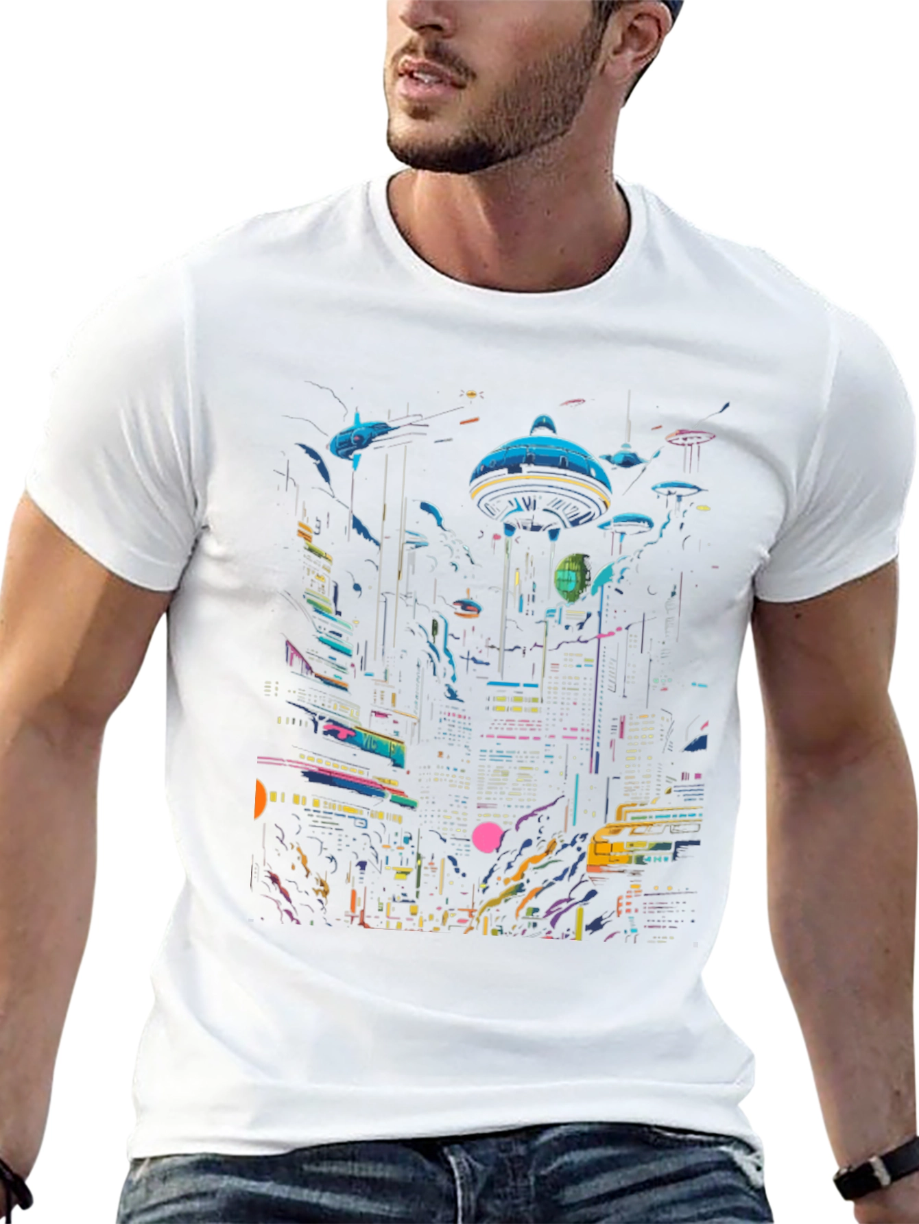 Neon Cityscape Graphic Tee - Retro Future Design