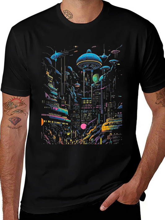 Neon Cityscape Graphic Tee - Retro Future Design
