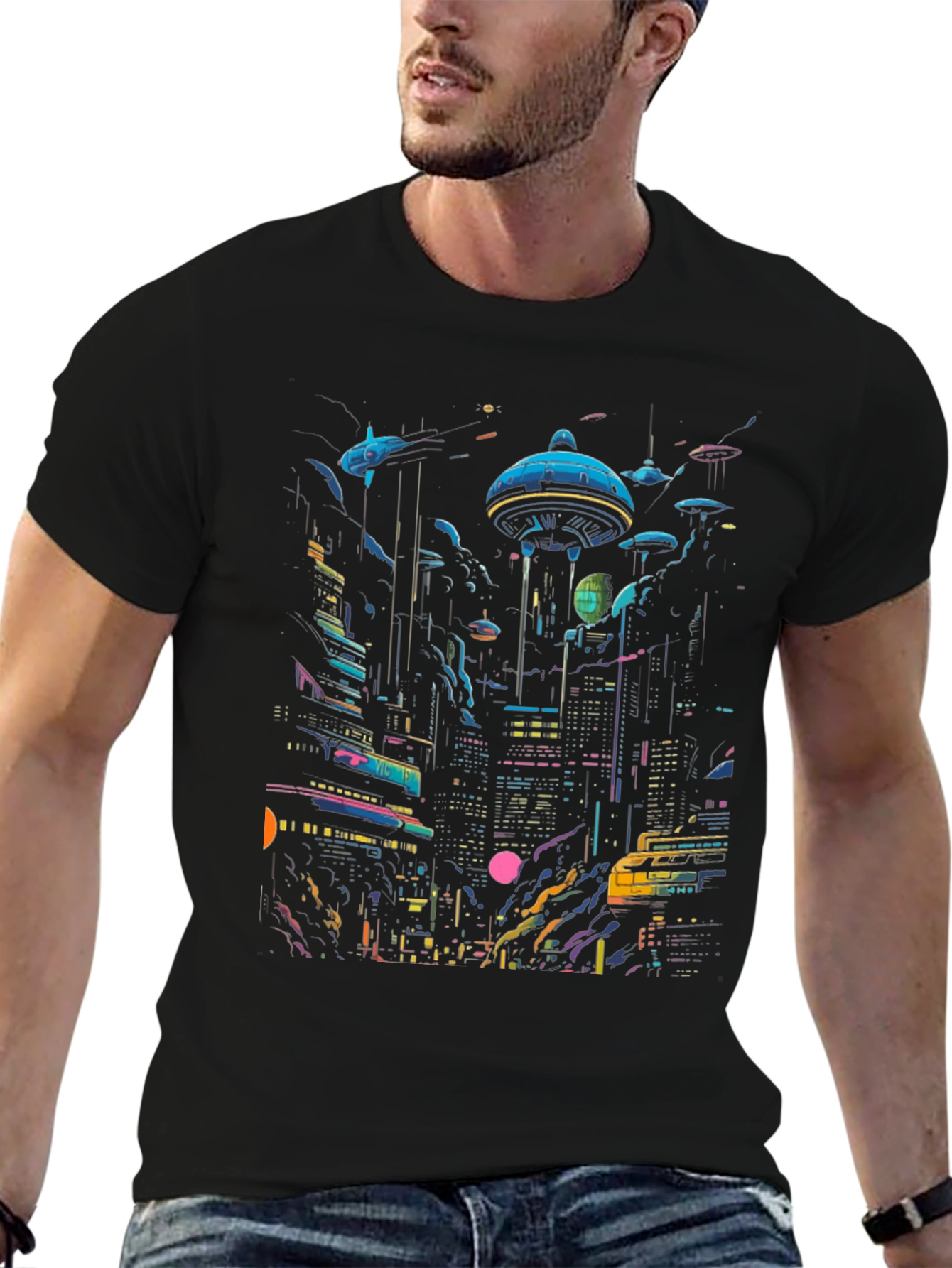 Neon Cityscape Graphic Tee - Retro Future Design