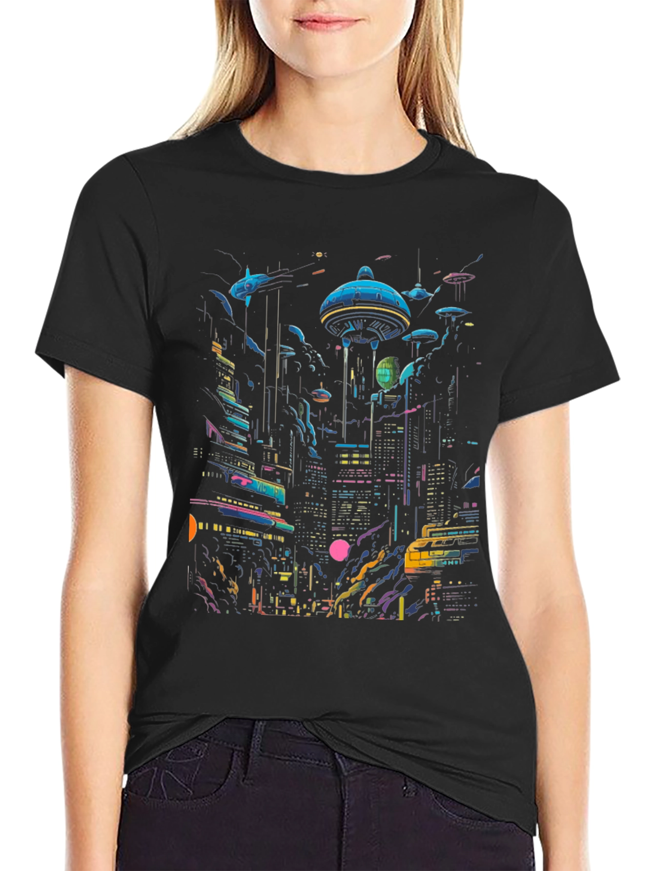 Neon Cityscape Graphic Tee - Retro Future Design