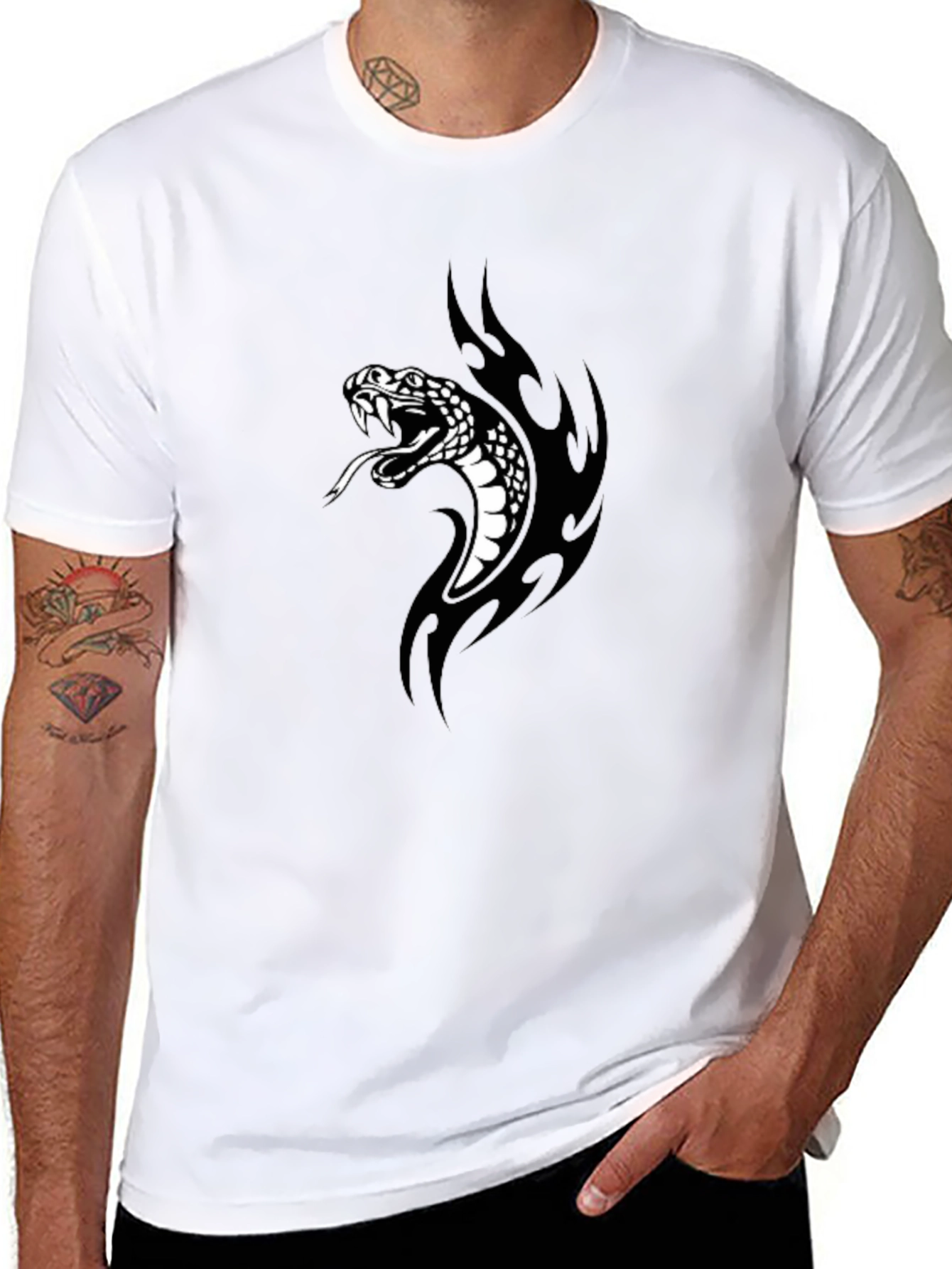 Mens Black T-Shirt with Snake Graphic