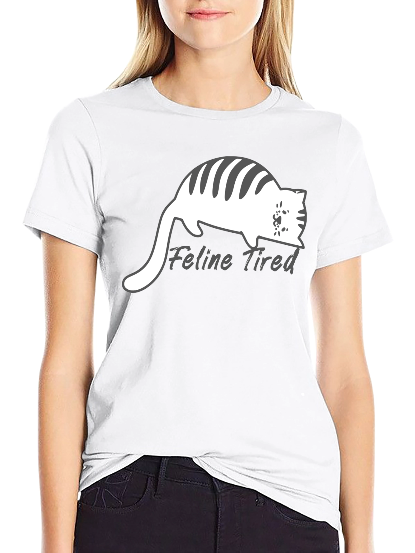 Feline Tired Black T-Shirt - Relaxed Cat Design