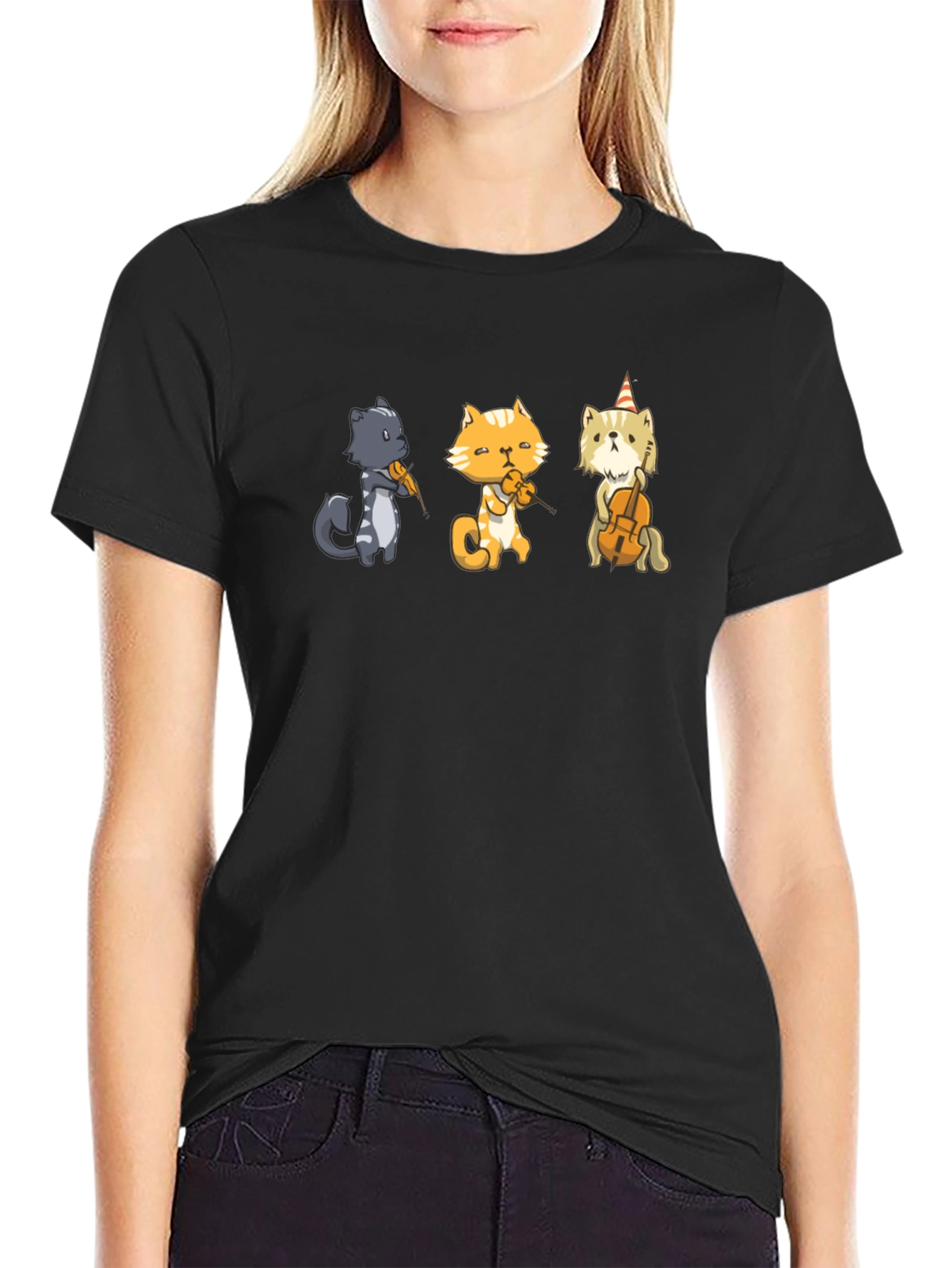 Cat Musicians T-Shirt - Black Cotton Tee