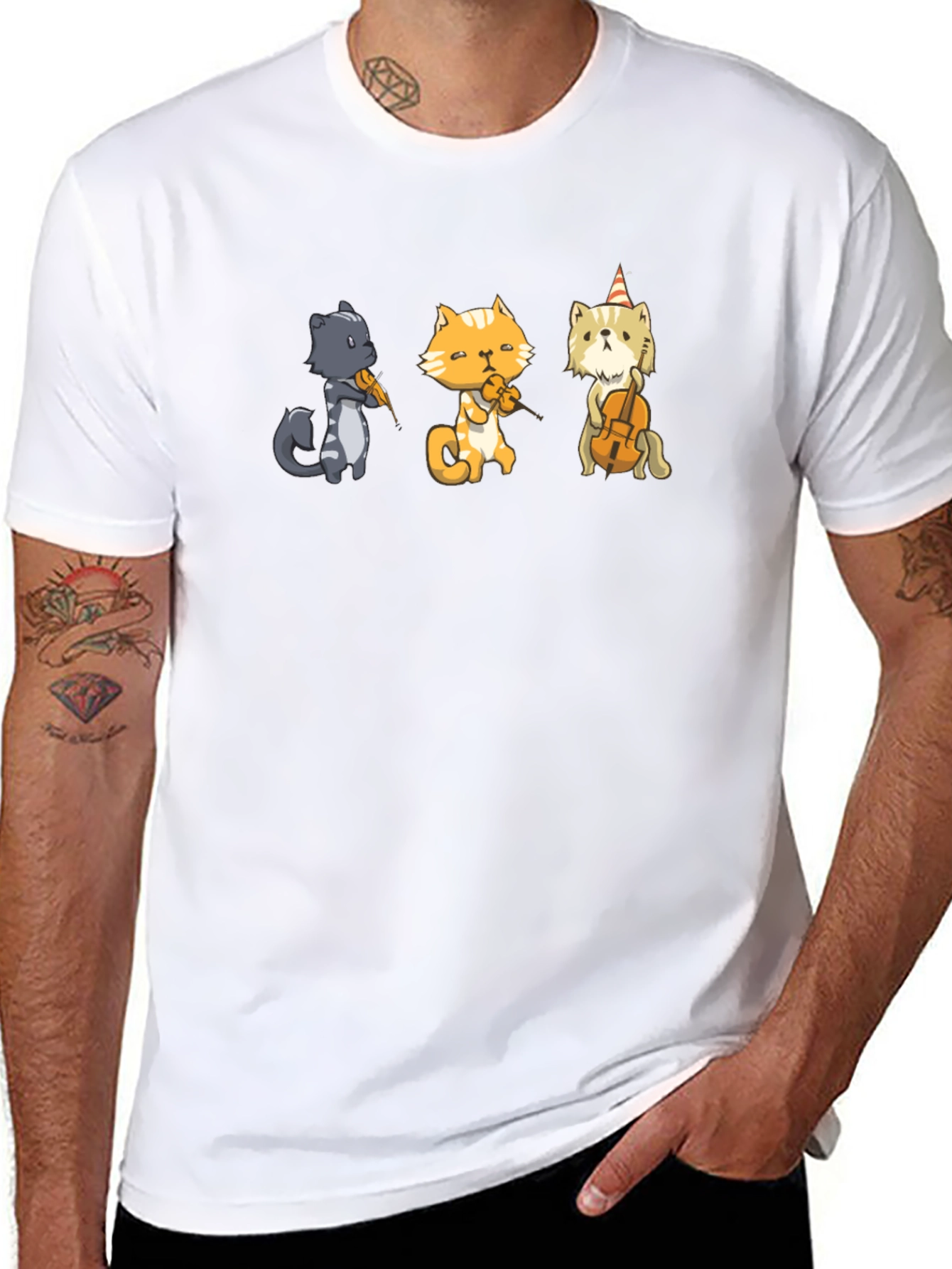 Cat Musicians T-Shirt - Black Cotton Tee