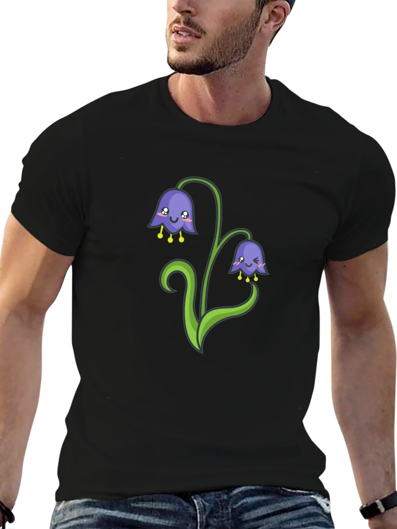 Cute Bellflower Cartoon Black T-Shirt