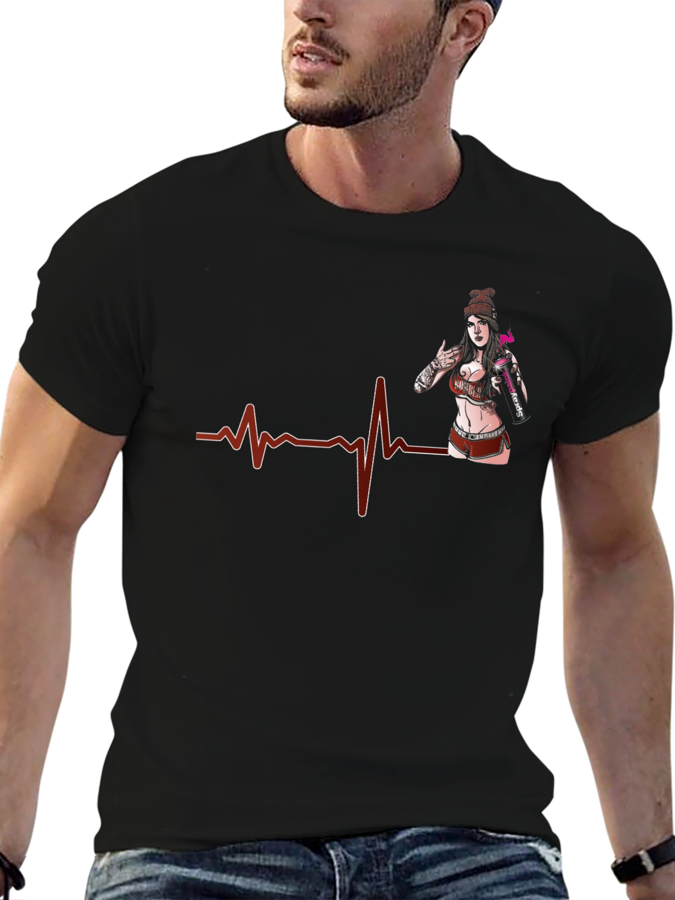 Heartbeat Tattoo Girl Graphic Black T-Shirt