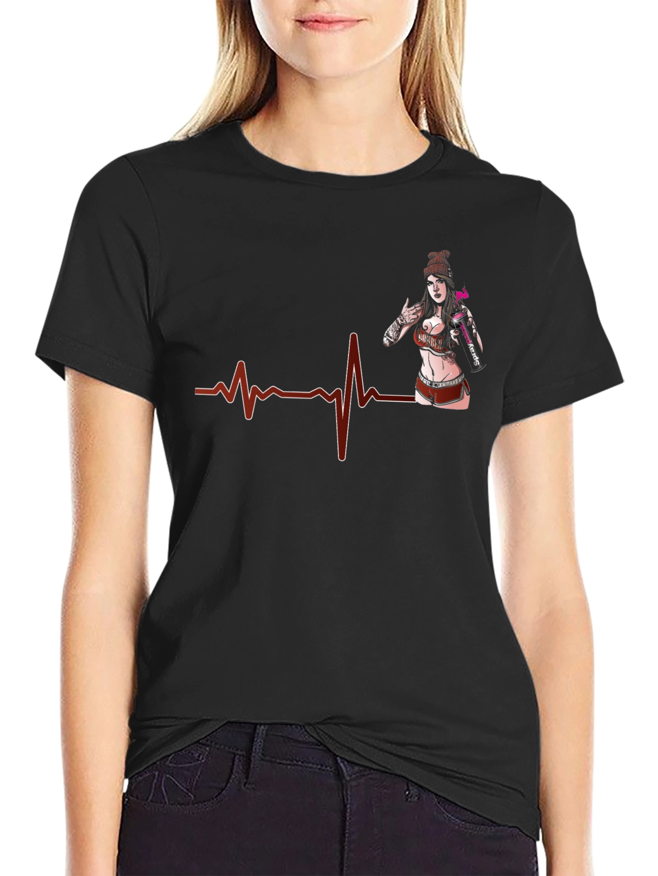 Heartbeat Tattoo Girl Graphic Black T-Shirt