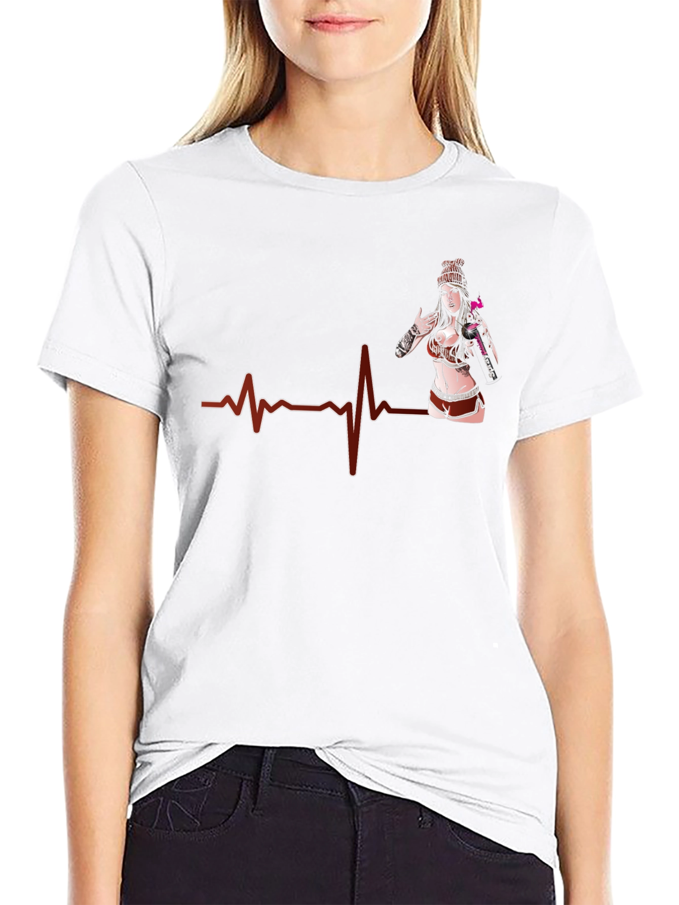 Heartbeat Tattoo Girl Graphic Black T-Shirt