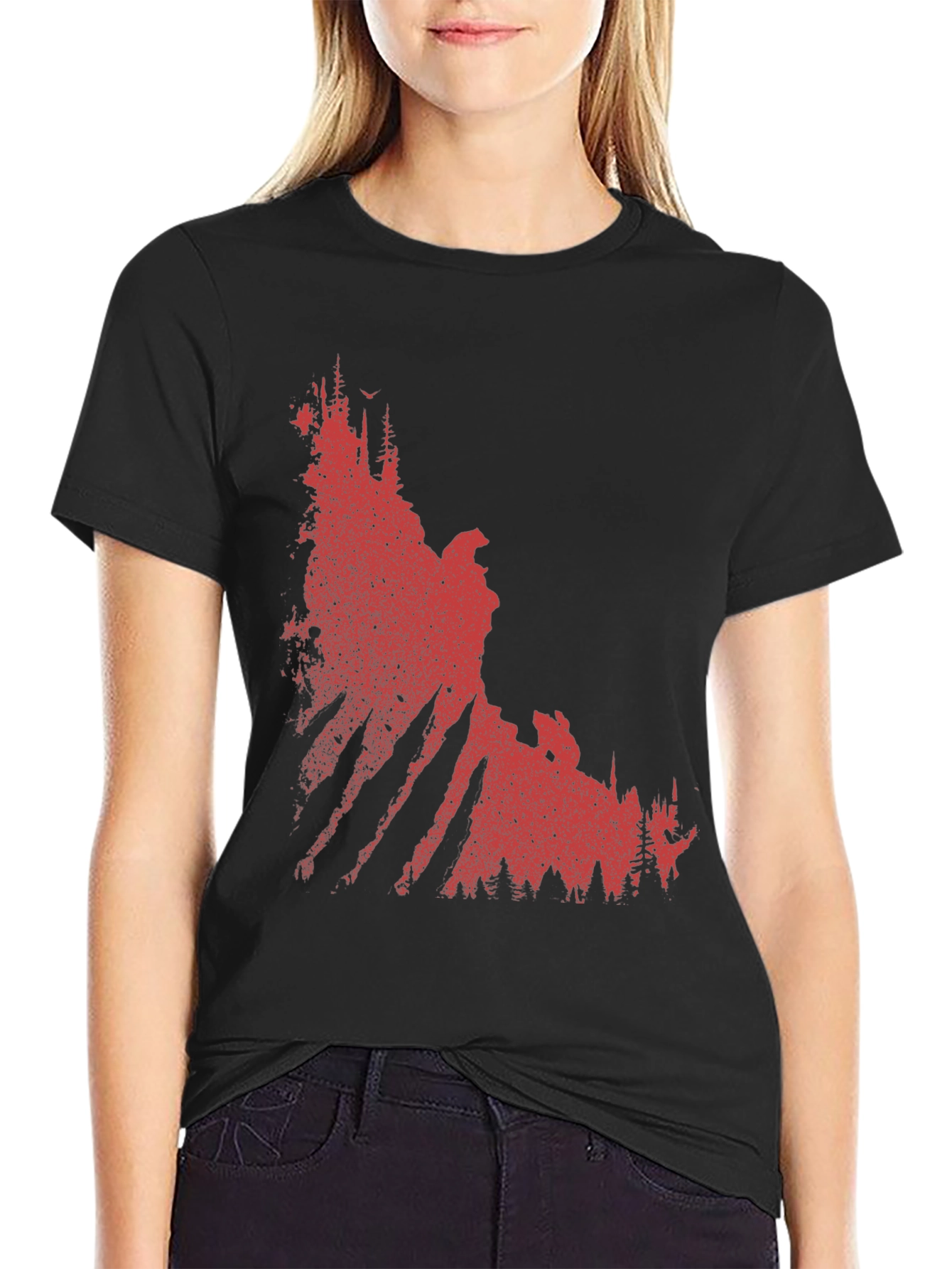 Red Forest Graphic Print Black T-Shirt