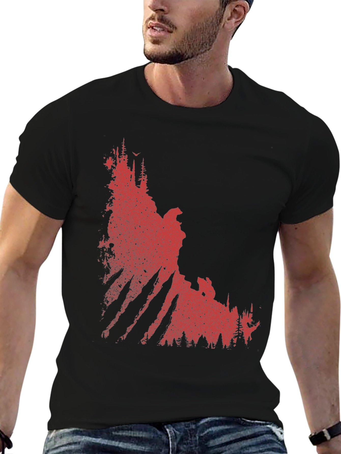 Red Forest Graphic Print Black T-Shirt