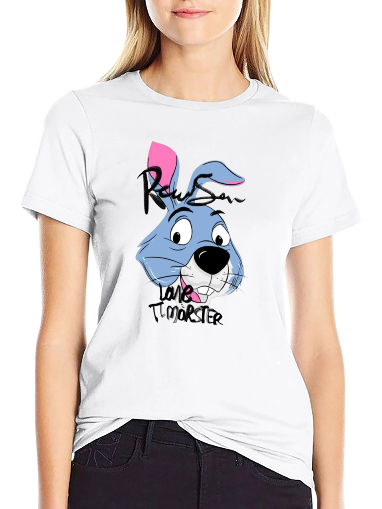 Cartoon Rabbit Graphic Tee - Black