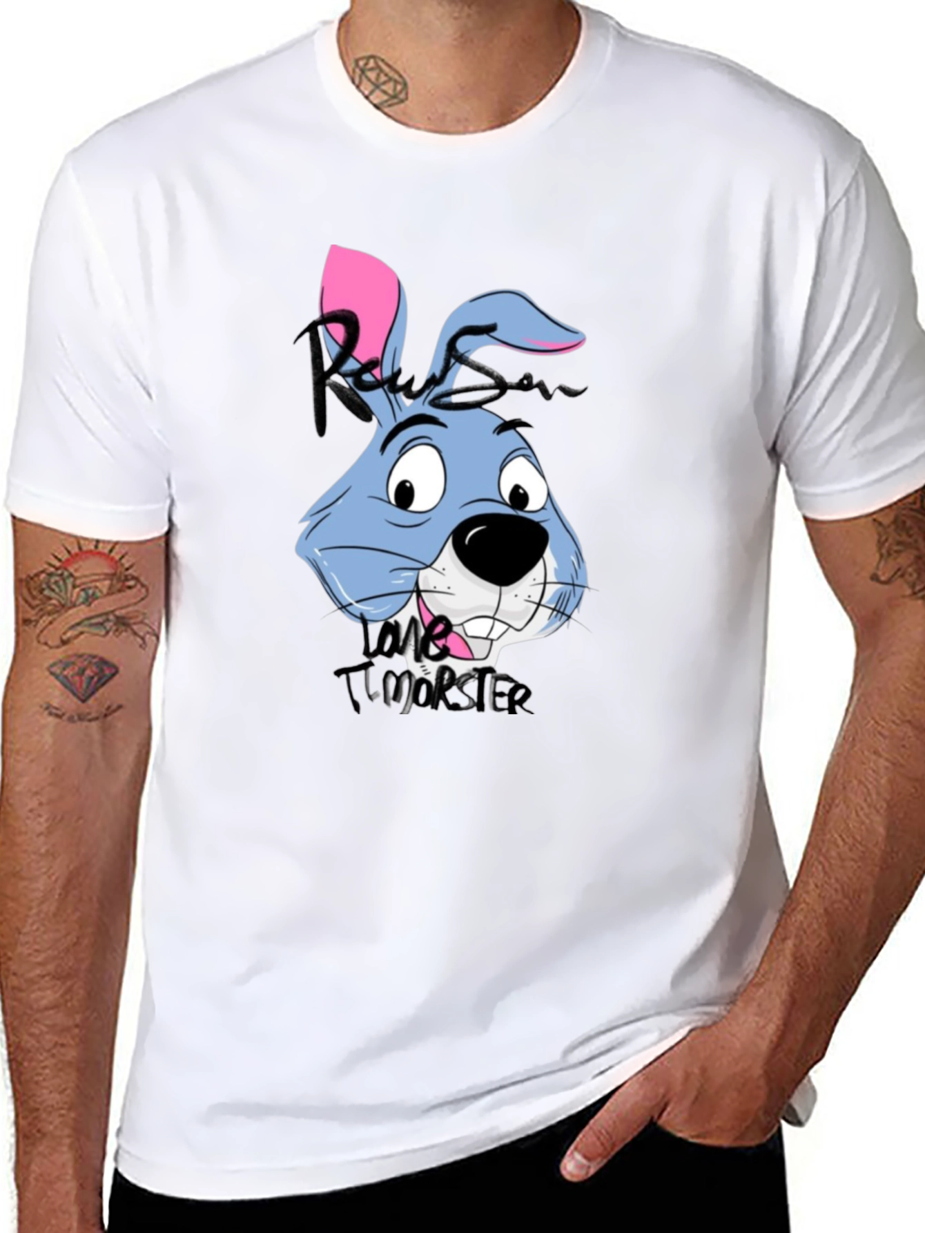 Cartoon Rabbit Graphic Tee - Black