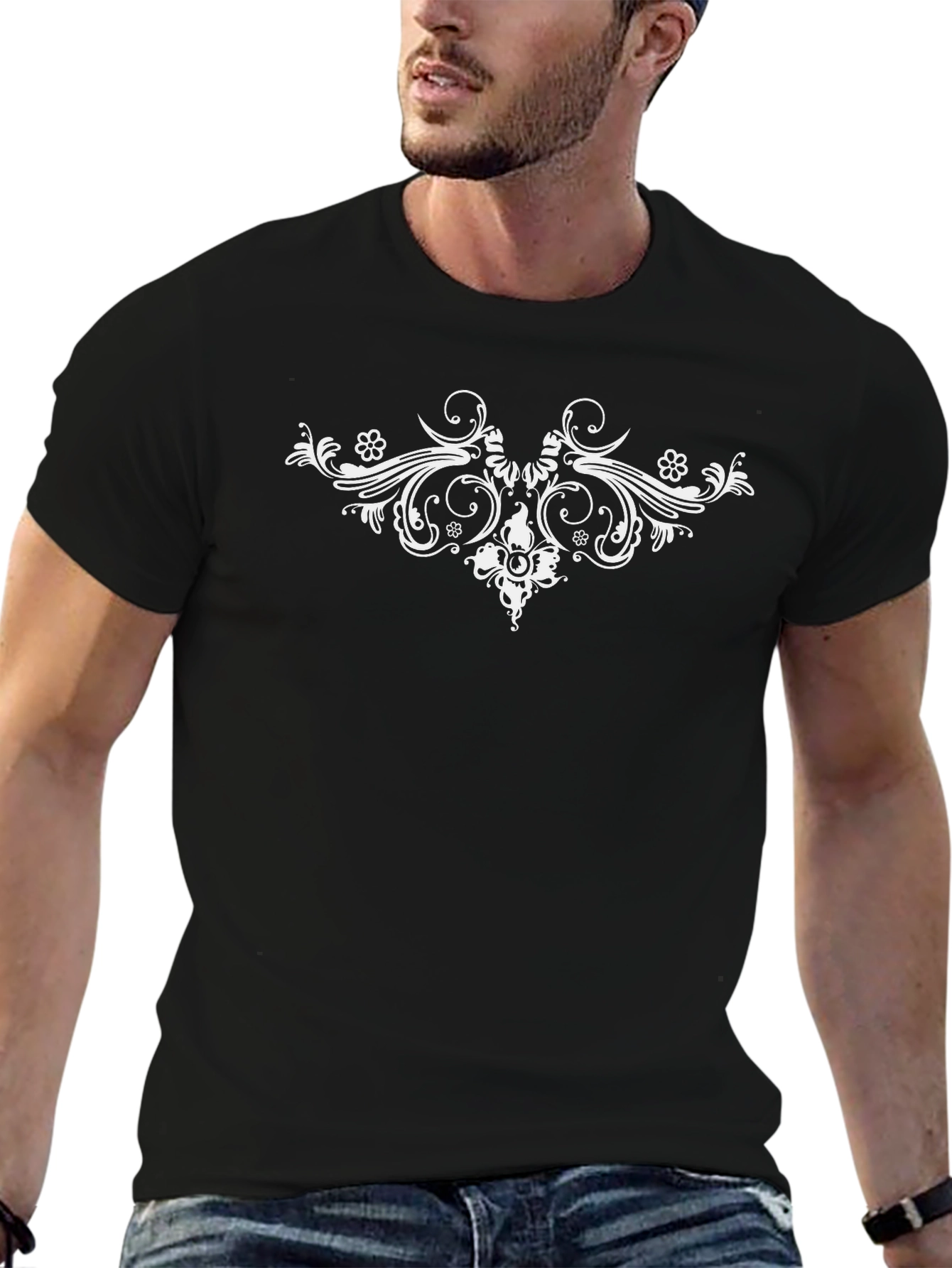 Elegant Black T-Shirt with White Ornamental Design