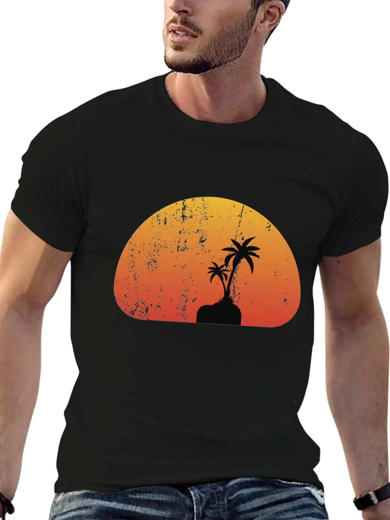 Sunset Palm Tree Graphic Black T-Shirt