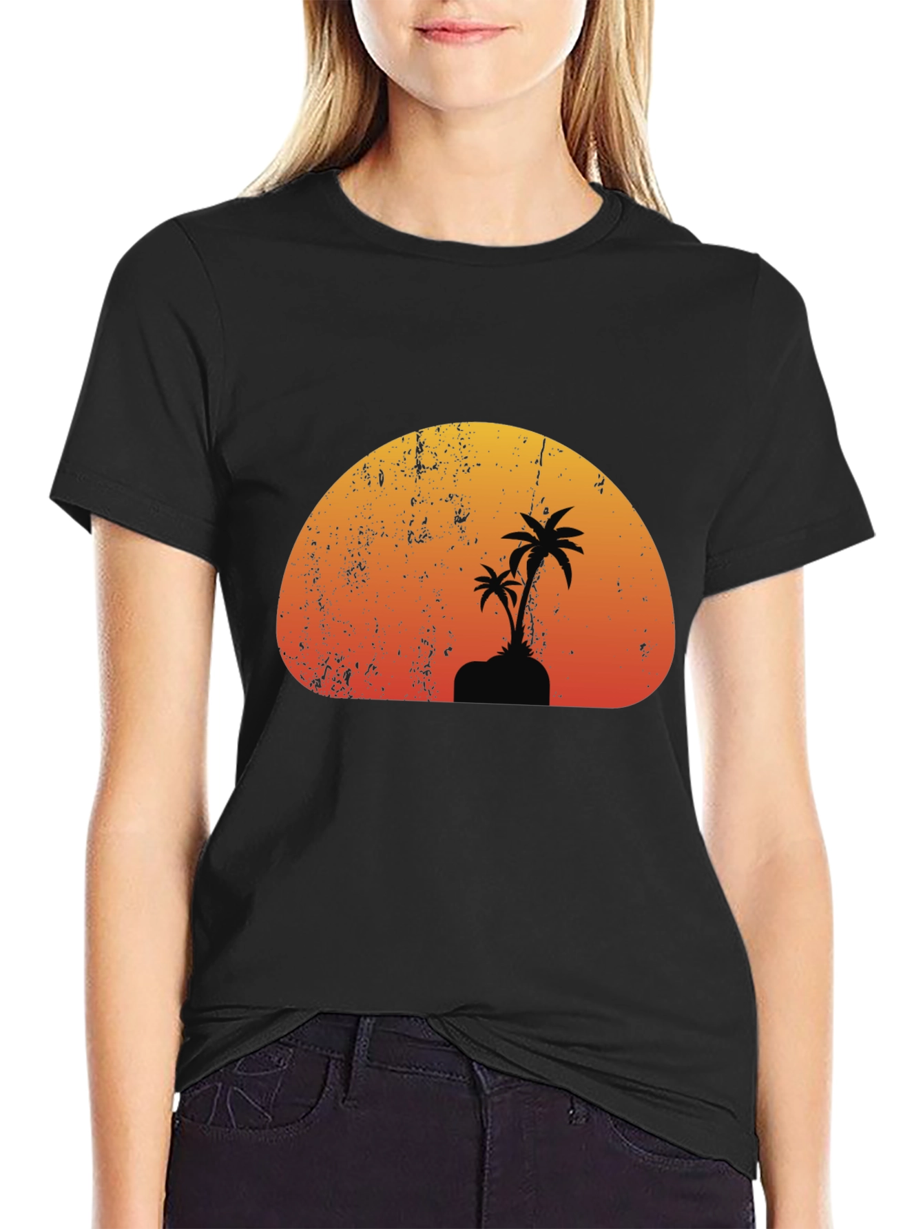 Sunset Palm Tree Graphic Black T-Shirt