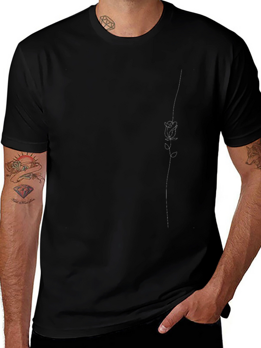 Minimalist Rose Line Art Black T-Shirt